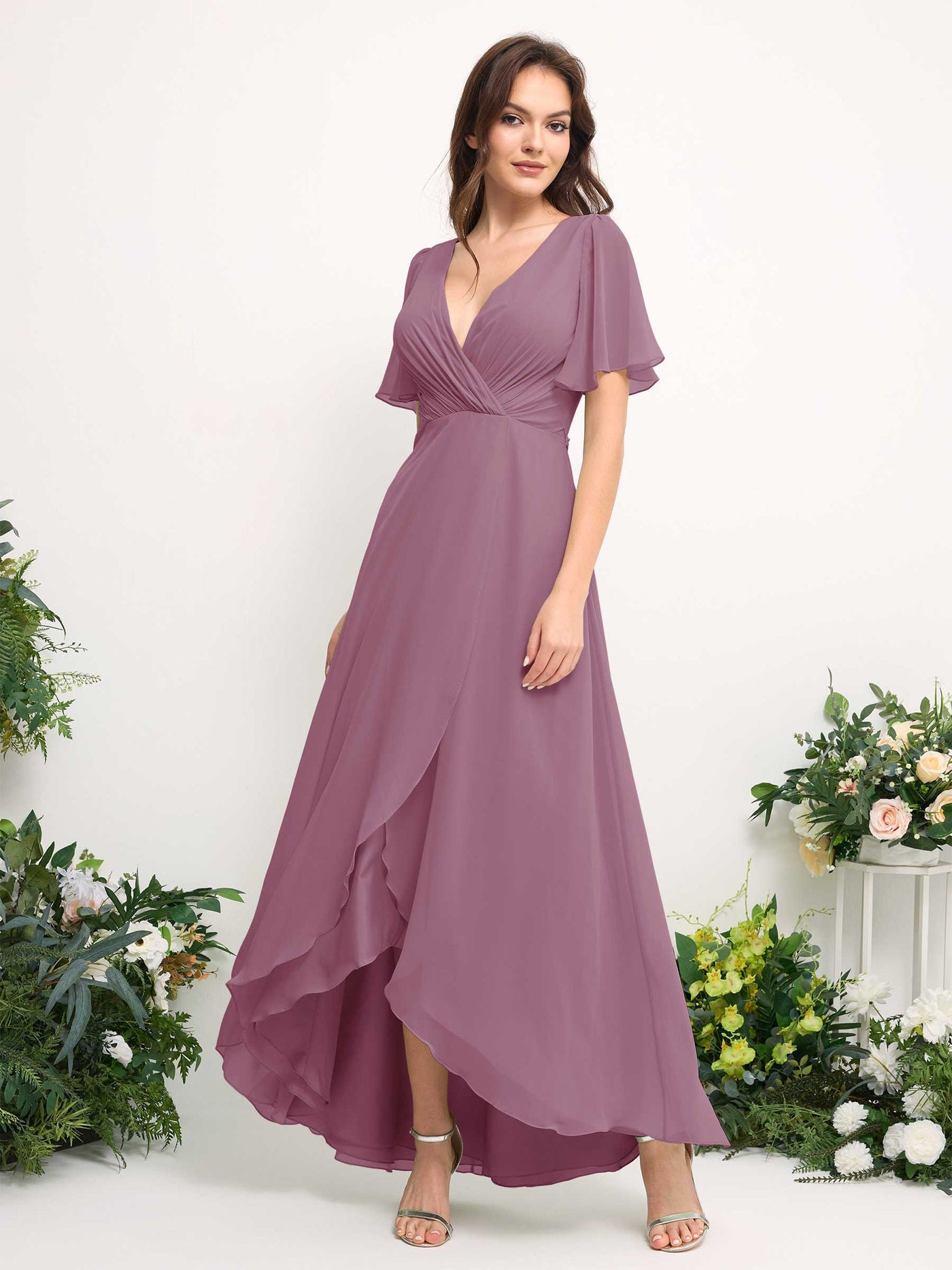 Carlyna Vestido línea A escote en V gasa hasta el suelo dama de honor Malva Clásico #color_malva-cl-sico