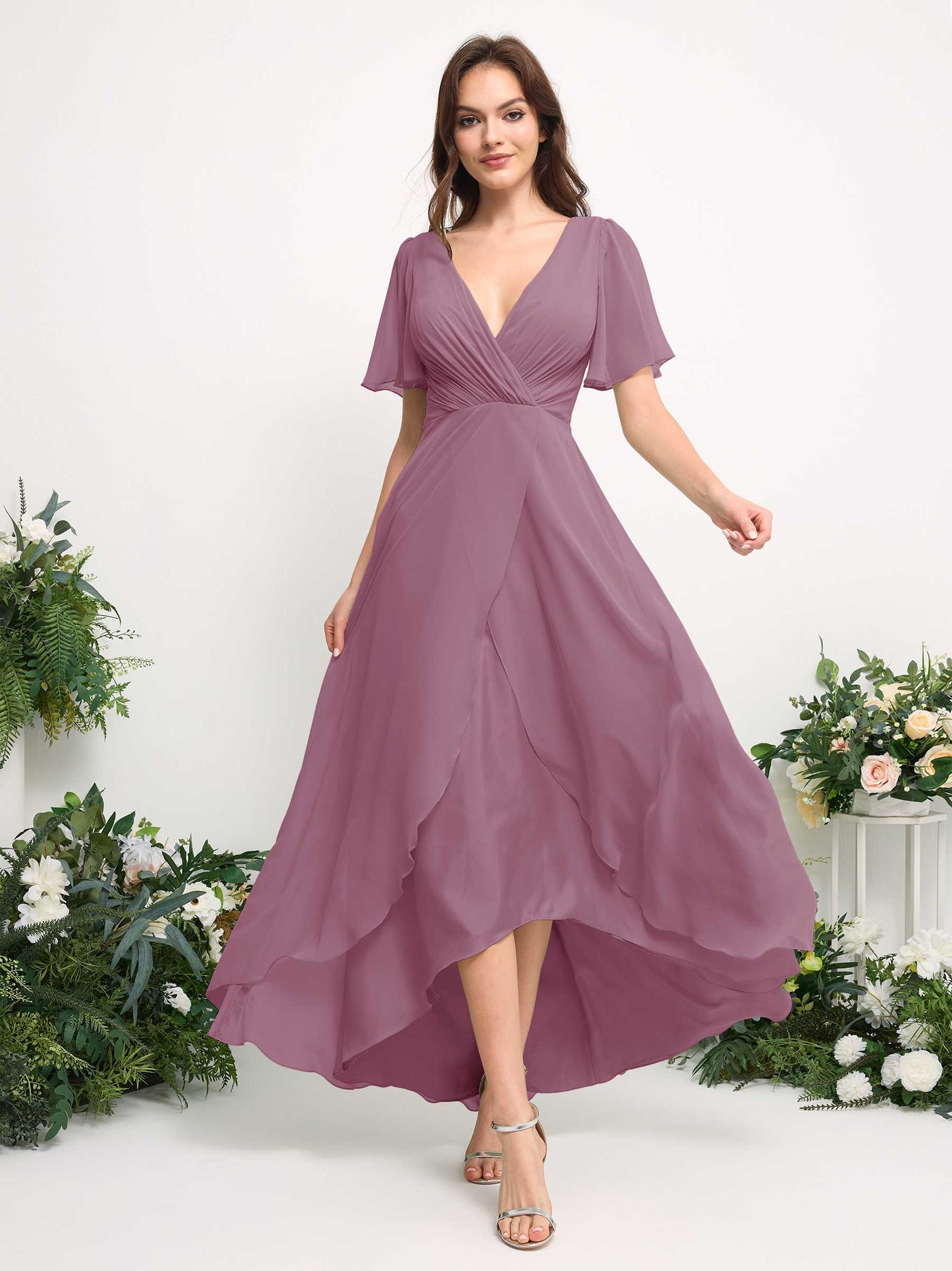 Carlyna Vestido línea A escote en V gasa hasta el suelo dama de honor Malva Clásico #color_malva-cl-sico
