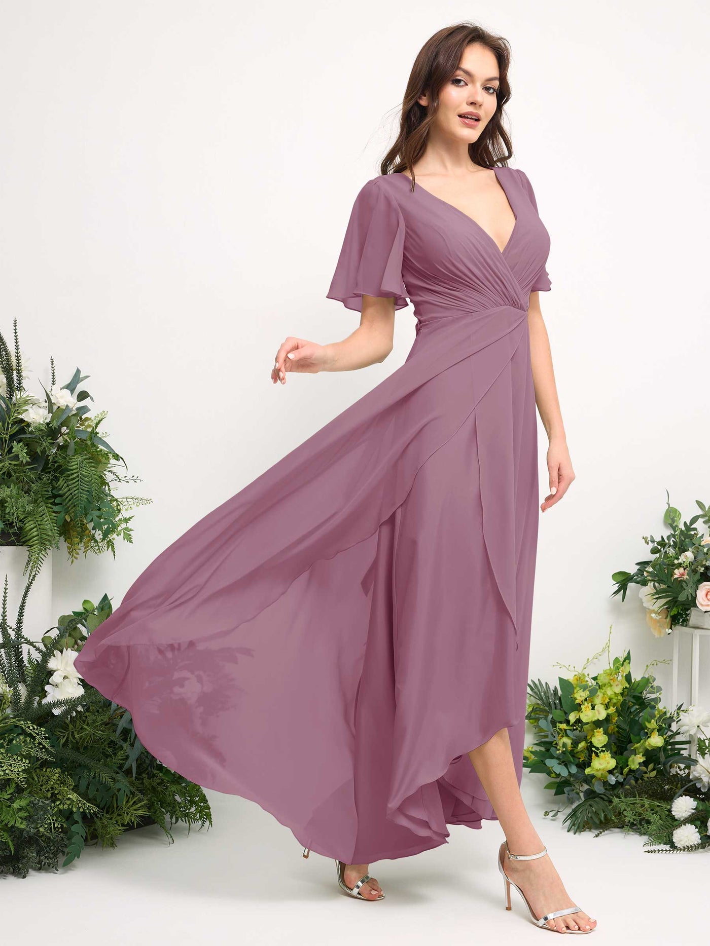Carlyna Vestido línea A escote en V gasa hasta el suelo dama de honor Malva Clásico #color_malva-cl-sico