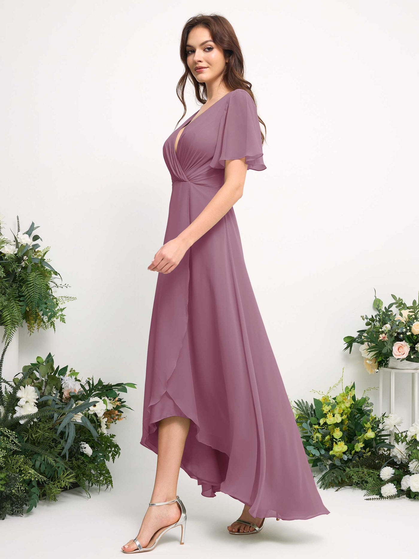 Carlyna Vestido línea A escote en V gasa hasta el suelo dama de honor Malva Clásico #color_malva-cl-sico
