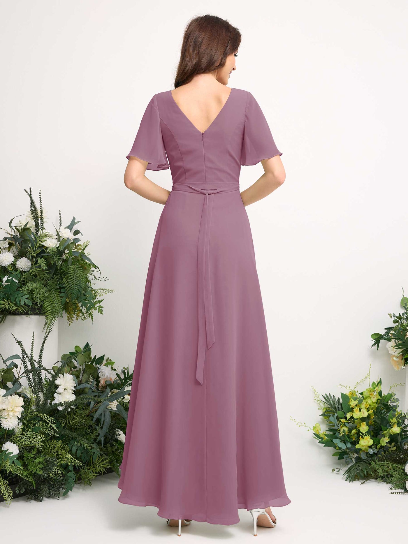 Carlyna Vestido línea A escote en V gasa hasta el suelo dama de honor Malva Clásico #color_malva-cl-sico
