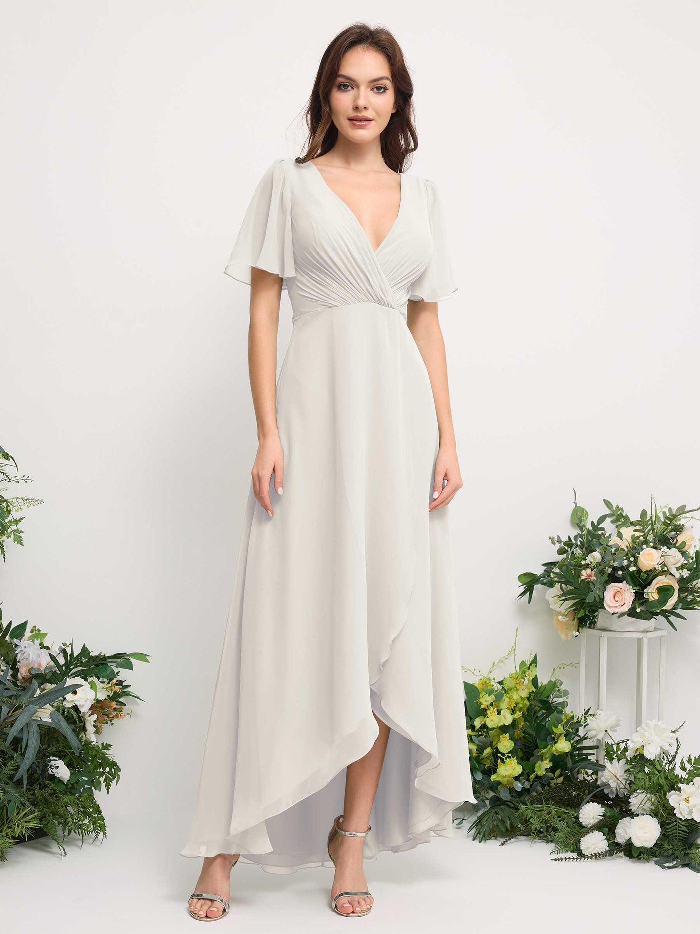 Carlyna Vestido línea A escote en V gasa hasta el suelo dama de honor Marfil #color_marfil