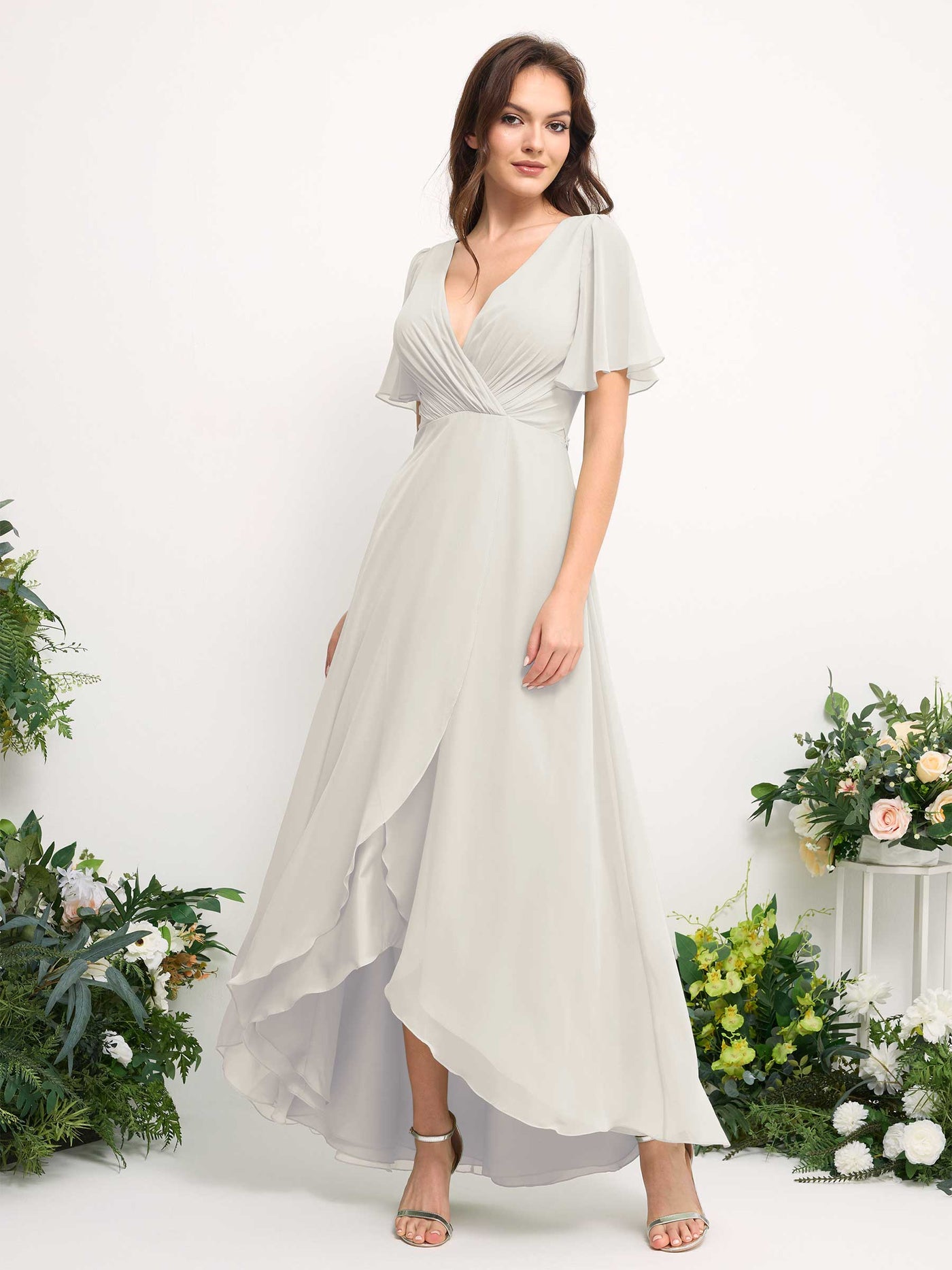 Carlyna Vestido línea A escote en V gasa hasta el suelo dama de honor Marfil #color_marfil