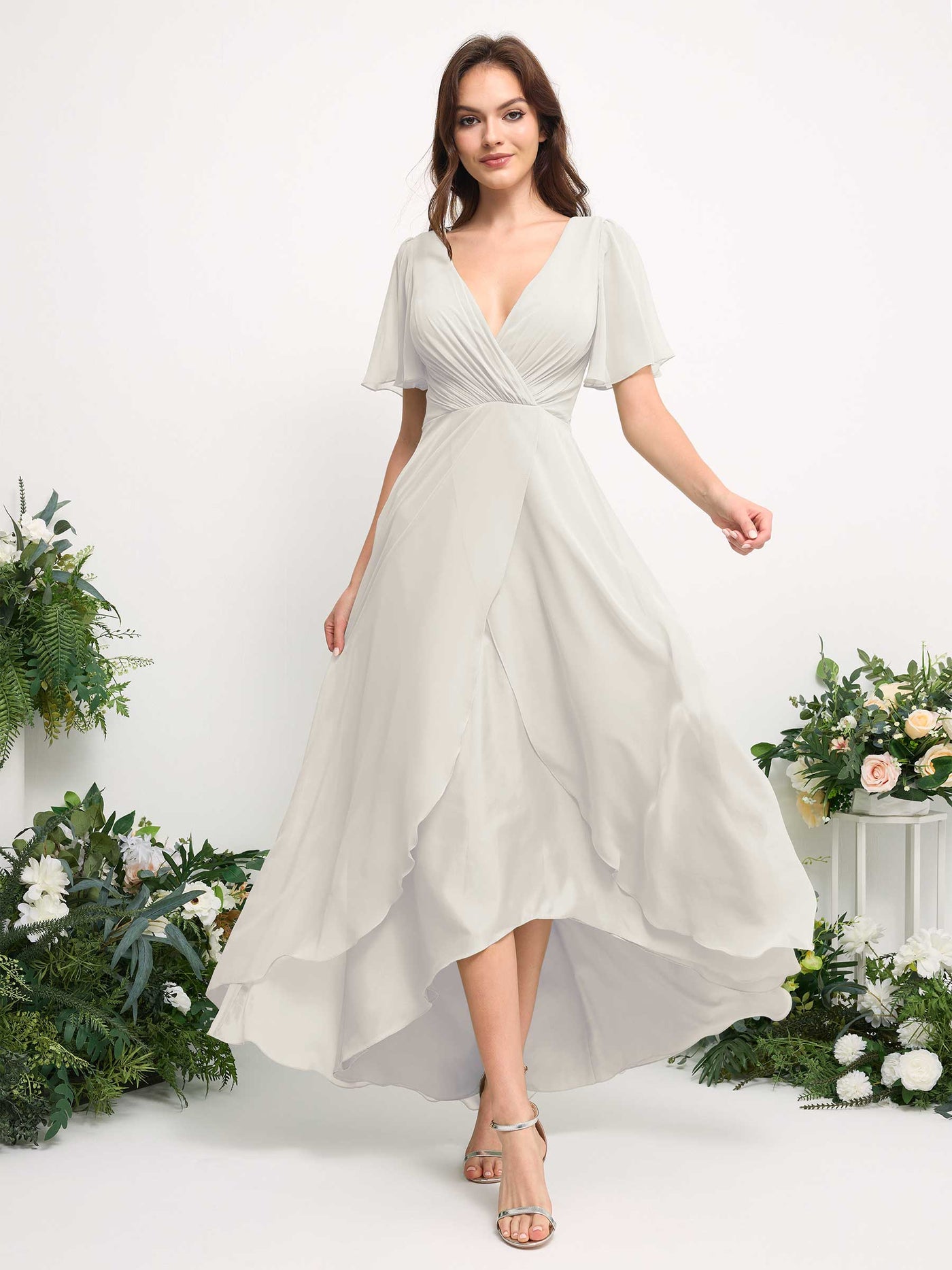 Carlyna Vestido línea A escote en V gasa hasta el suelo dama de honor Marfil #color_marfil