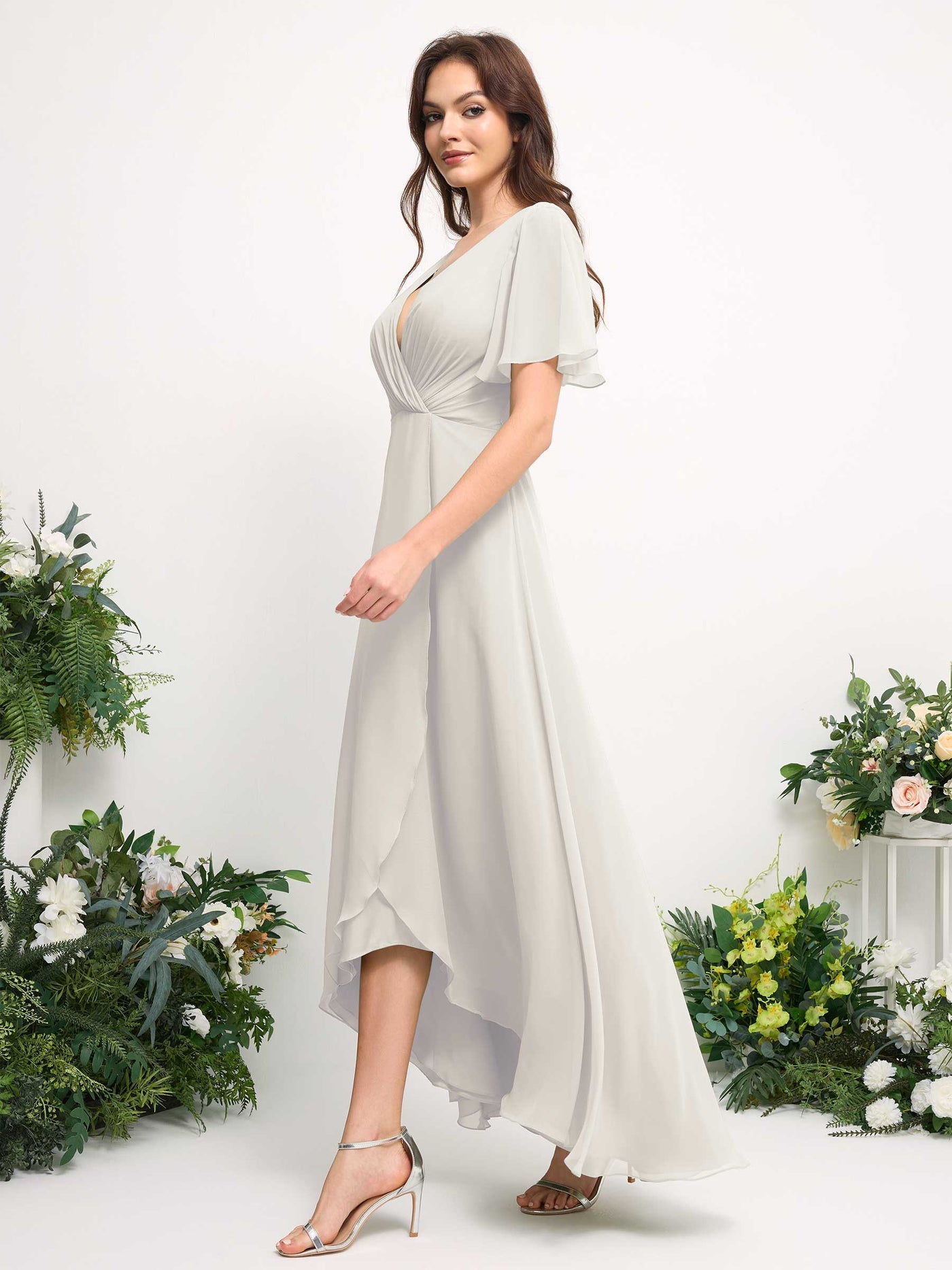 Carlyna Vestido línea A escote en V gasa hasta el suelo dama de honor Marfil #color_marfil