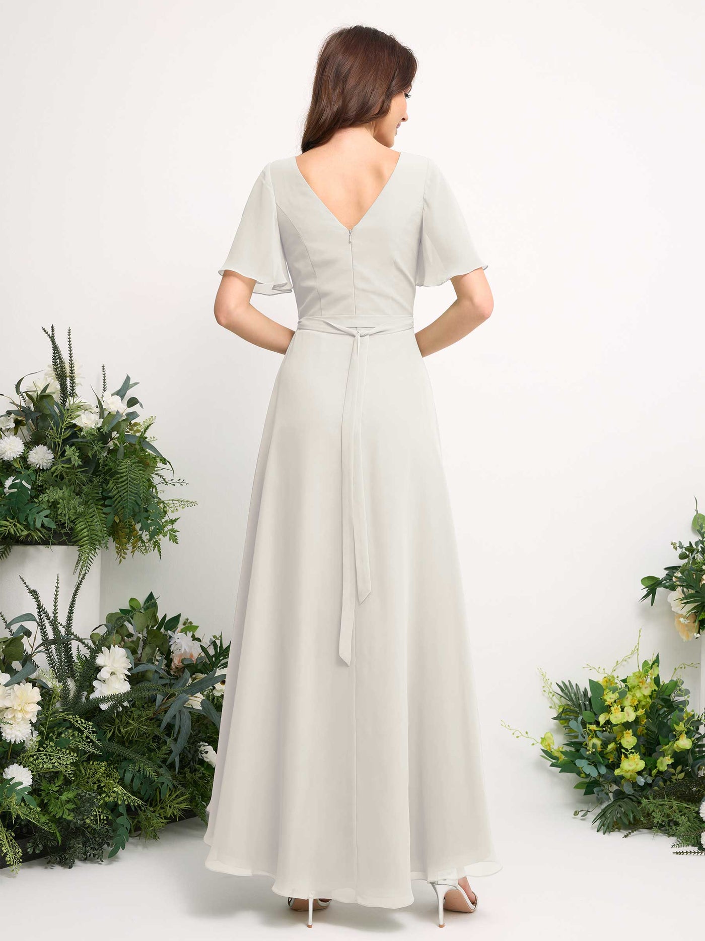Carlyna Vestido línea A escote en V gasa hasta el suelo dama de honor Marfil #color_marfil