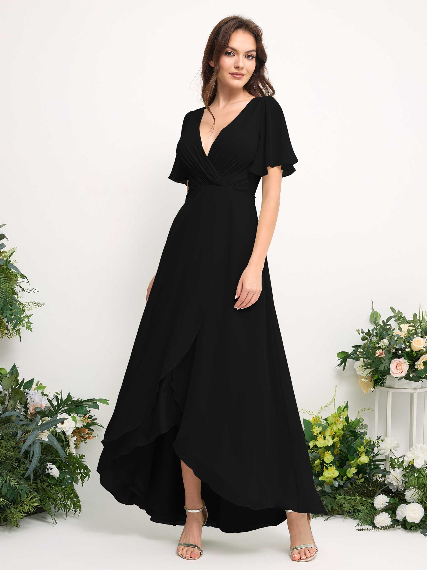 Carlyna Vestido línea A escote en V gasa hasta el suelo dama de honor Negro #color_negro