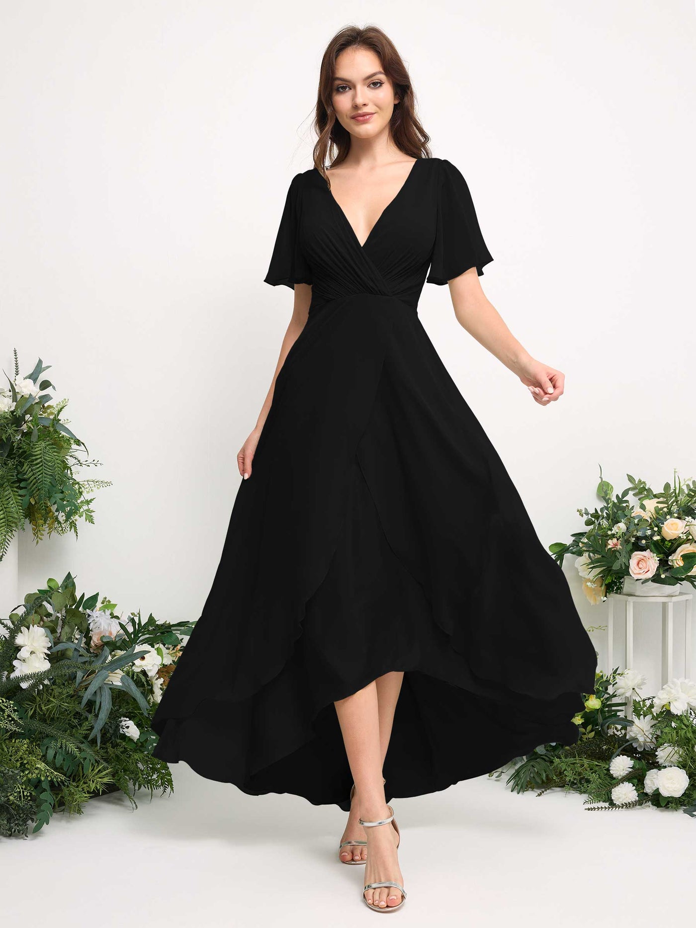 Carlyna Vestido línea A escote en V gasa hasta el suelo dama de honor Negro #color_negro