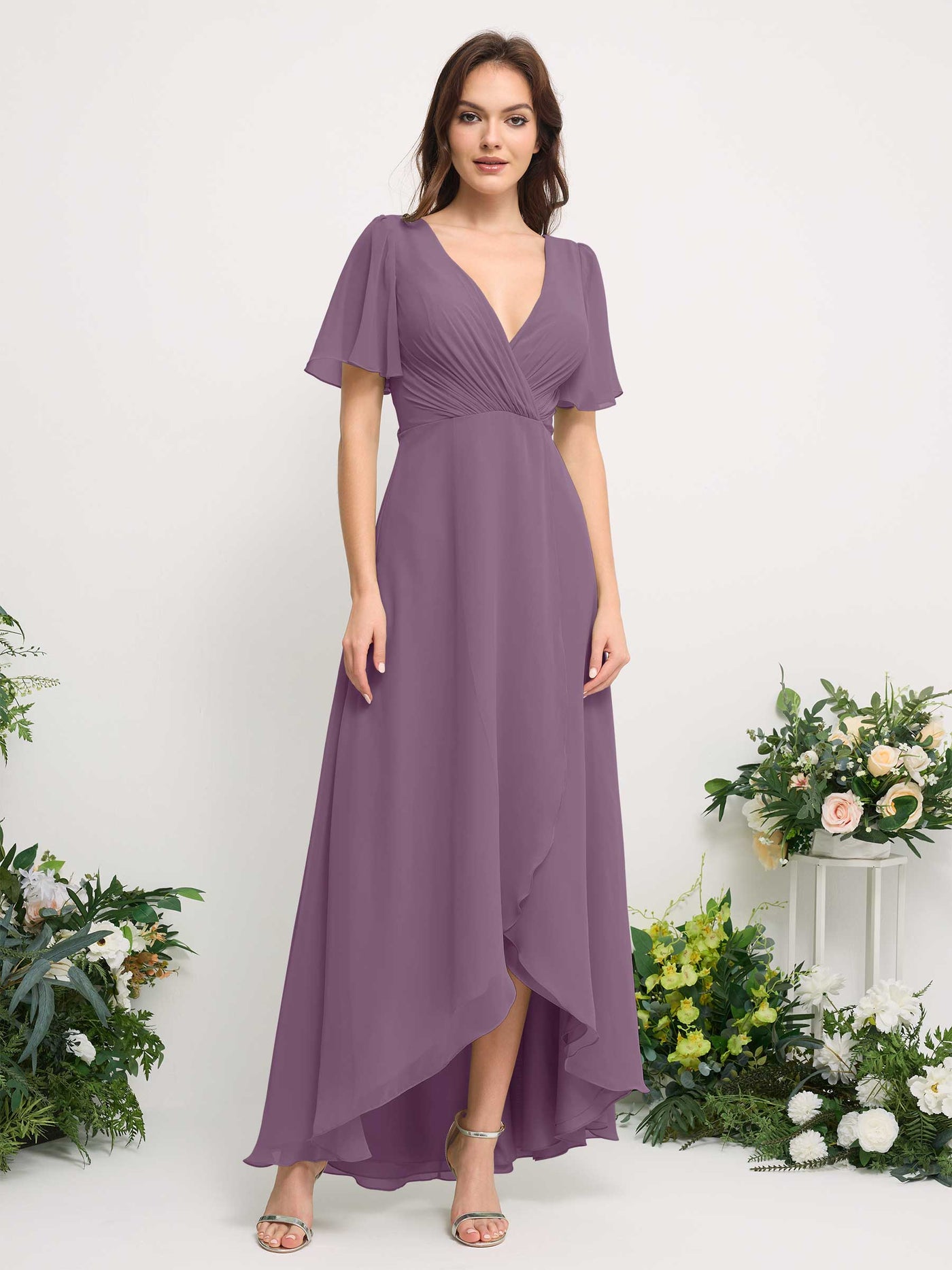 Carlyna Vestido línea A escote en V gasa hasta el suelo dama de honor Niebla Orquídea #color_niebla-orqu-dea
