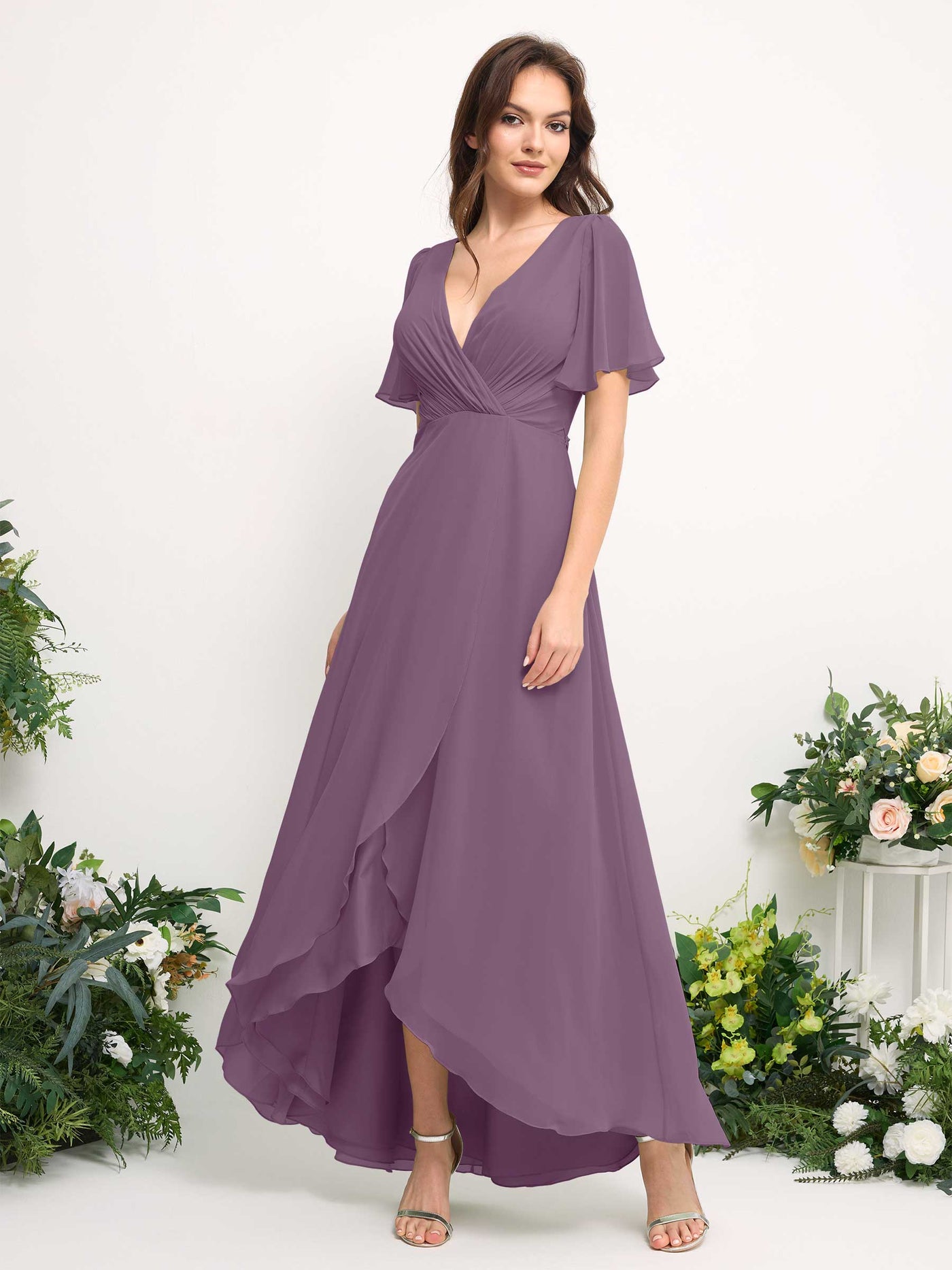 Carlyna Vestido línea A escote en V gasa hasta el suelo dama de honor Niebla Orquídea #color_niebla-orqu-dea