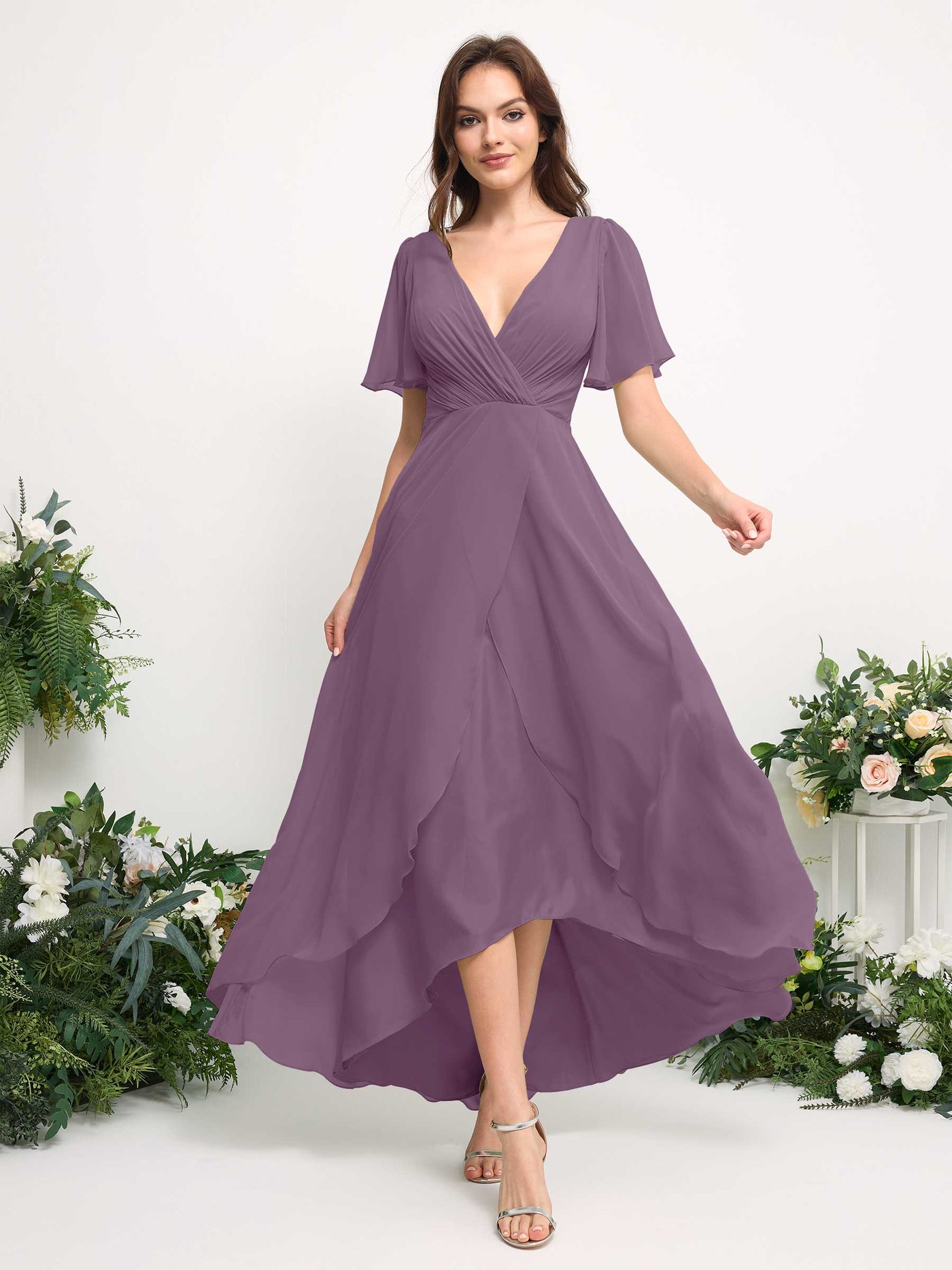 Carlyna Vestido línea A escote en V gasa hasta el suelo dama de honor Niebla Orquídea #color_niebla-orqu-dea
