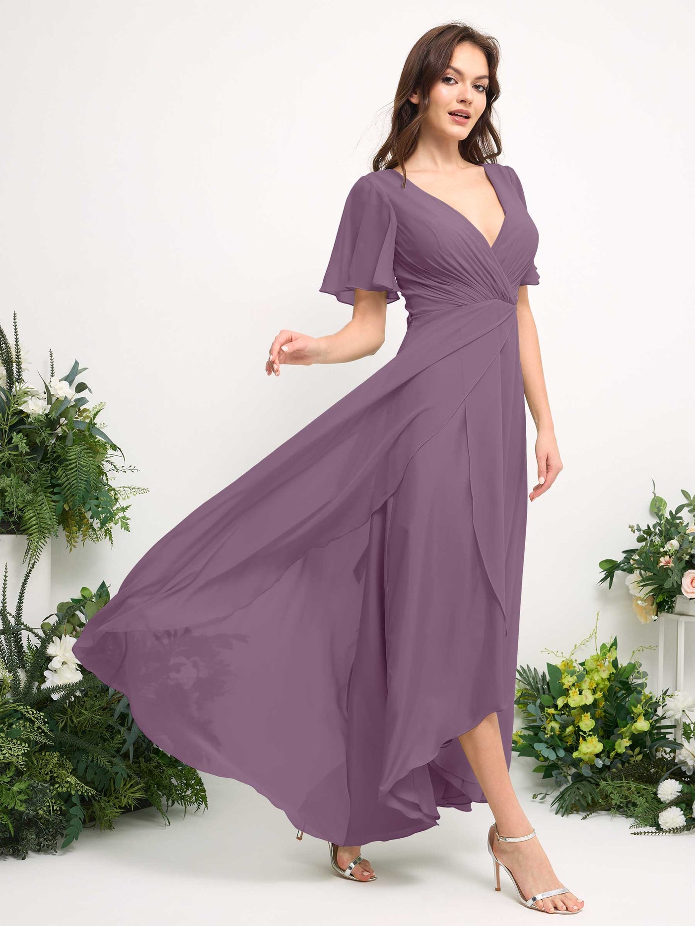 Carlyna Vestido línea A escote en V gasa hasta el suelo dama de honor Niebla Orquídea #color_niebla-orqu-dea