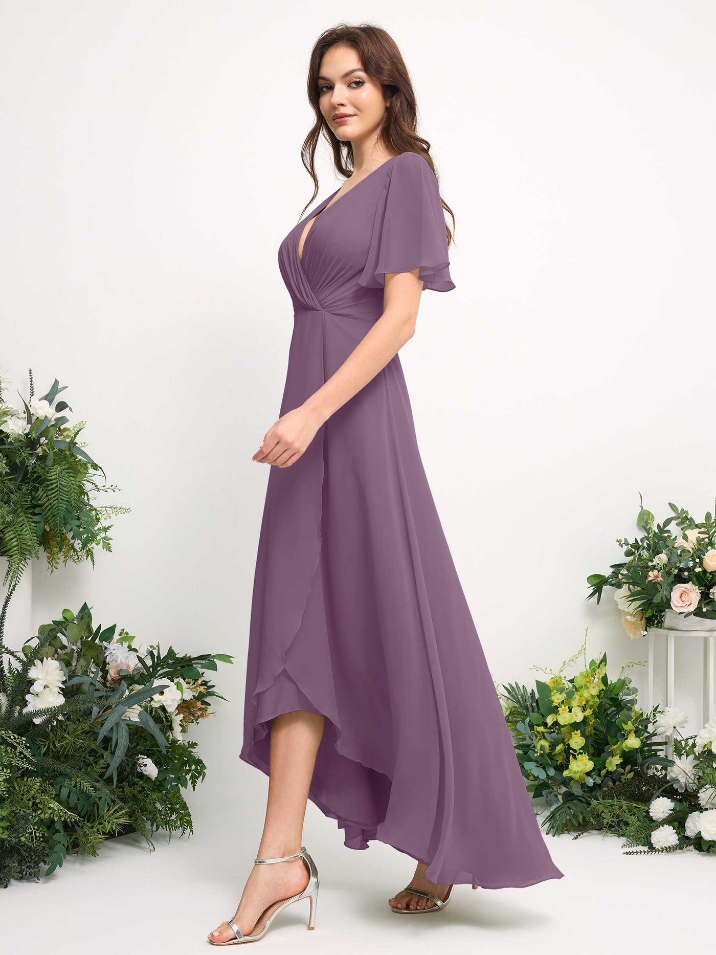 Carlyna Vestido línea A escote en V gasa hasta el suelo dama de honor Niebla Orquídea #color_niebla-orqu-dea