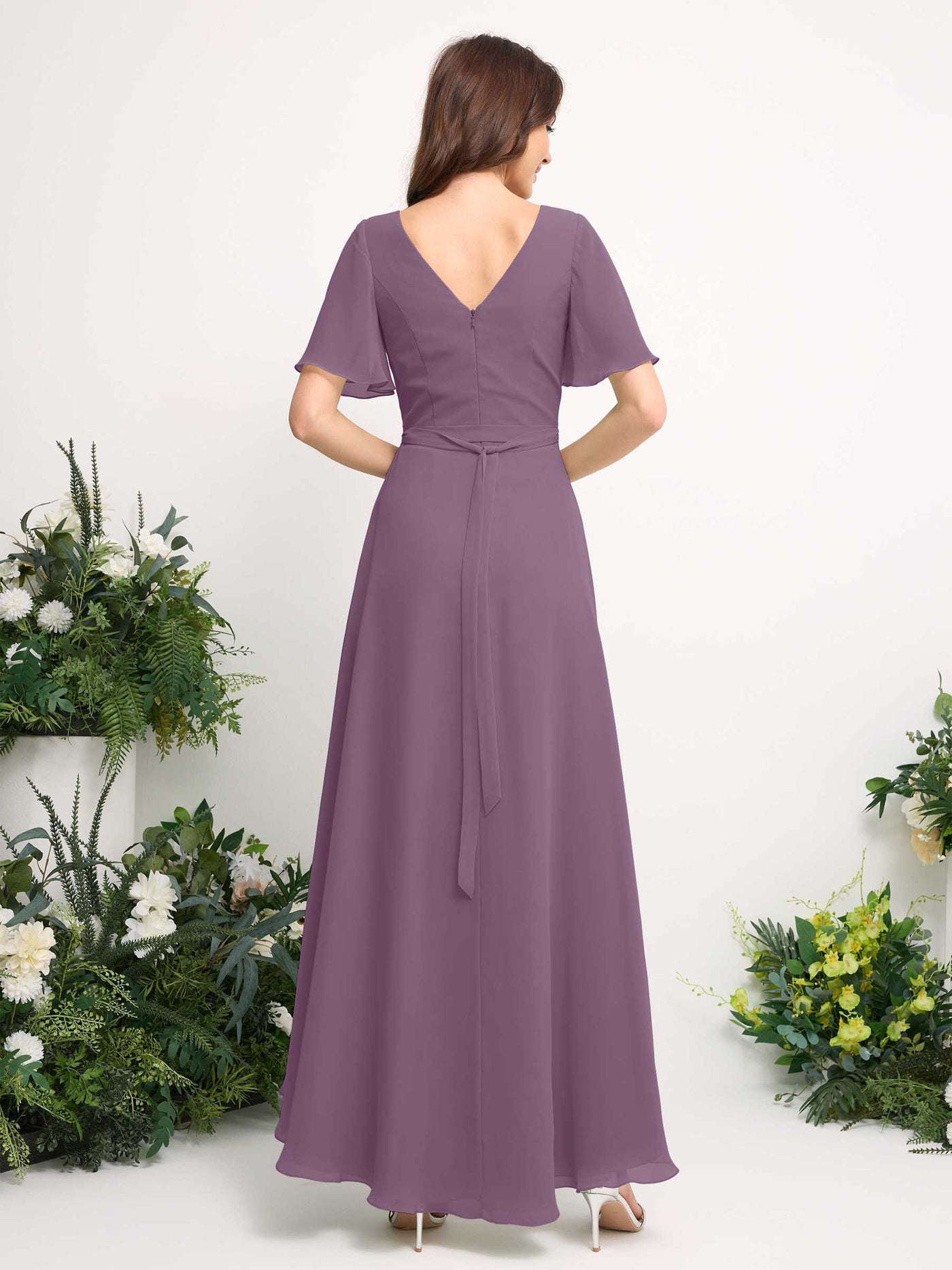 Carlyna Vestido línea A escote en V gasa hasta el suelo dama de honor Niebla Orquídea #color_niebla-orqu-dea