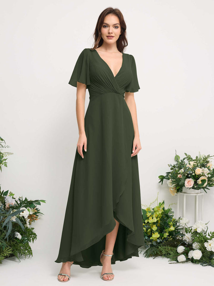 Carlyna Vestido línea A escote en V gasa hasta el suelo dama de honor Oliva Martini 