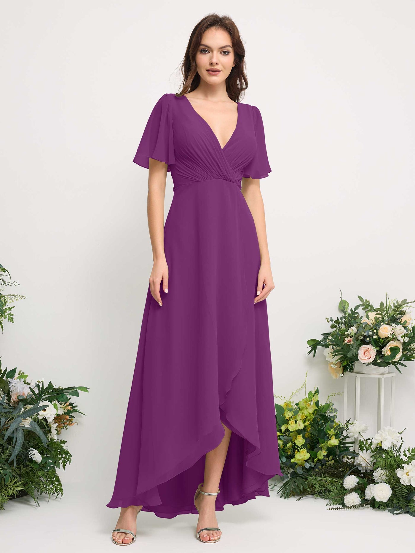 Carlyna Vestido línea A escote en V gasa hasta el suelo dama de honor Púrpura #color_p-rpura