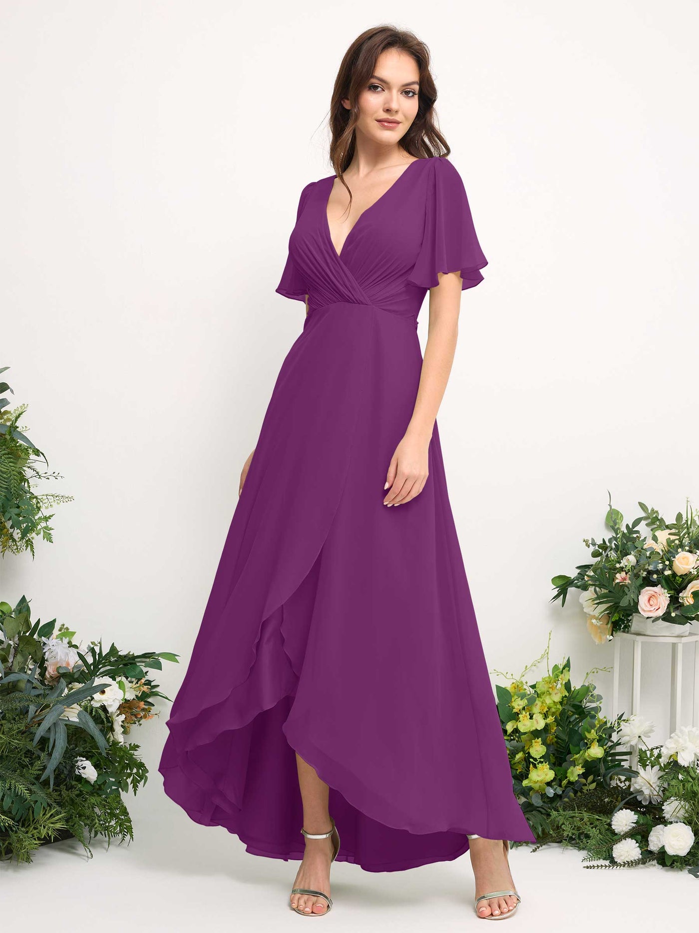 Carlyna Vestido línea A escote en V gasa hasta el suelo dama de honor Púrpura #color_p-rpura