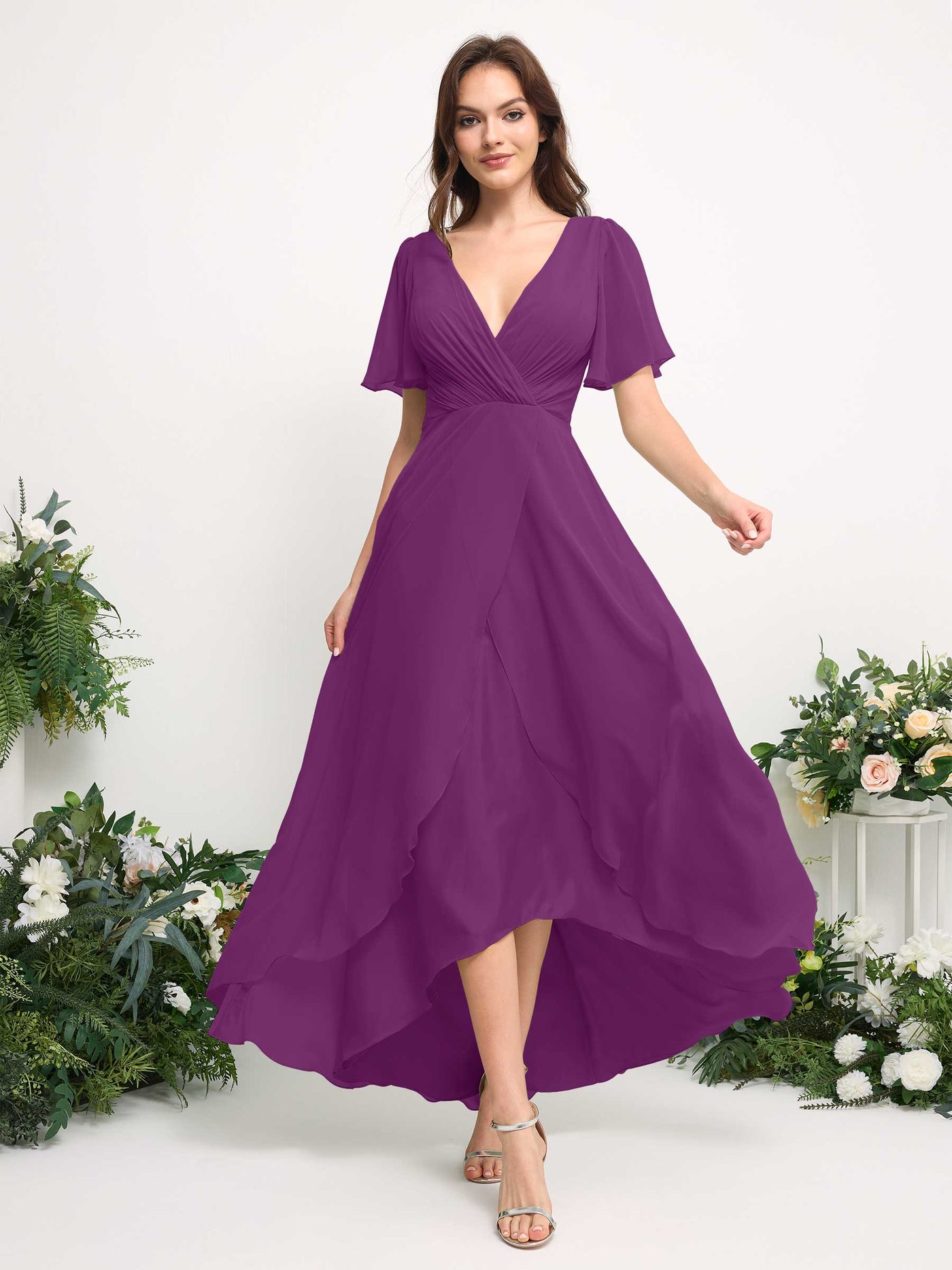 Carlyna Vestido línea A escote en V gasa hasta el suelo dama de honor Púrpura #color_p-rpura