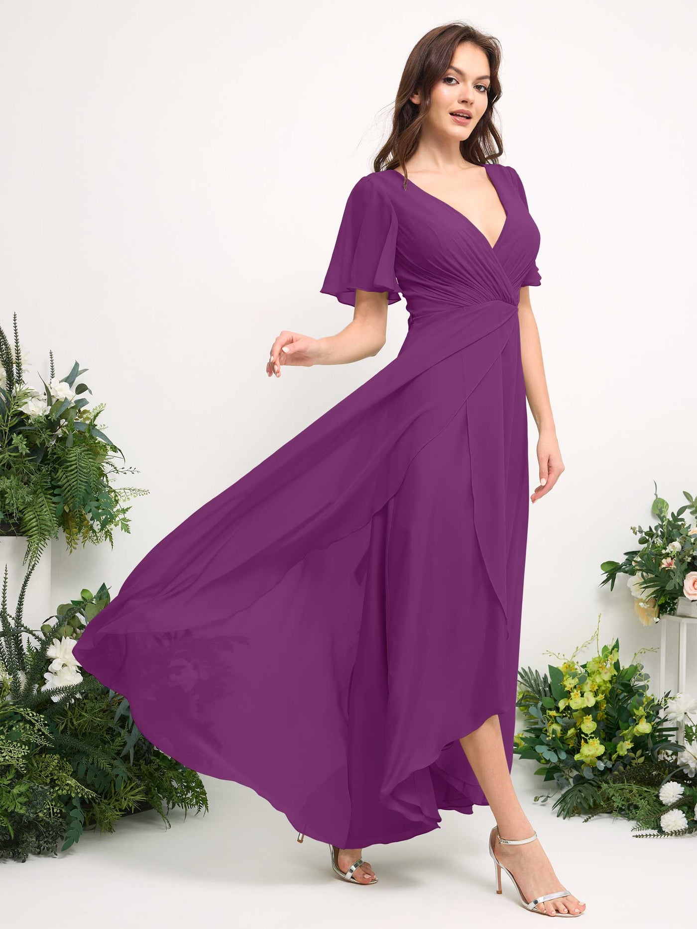 Carlyna Vestido línea A escote en V gasa hasta el suelo dama de honor Púrpura #color_p-rpura