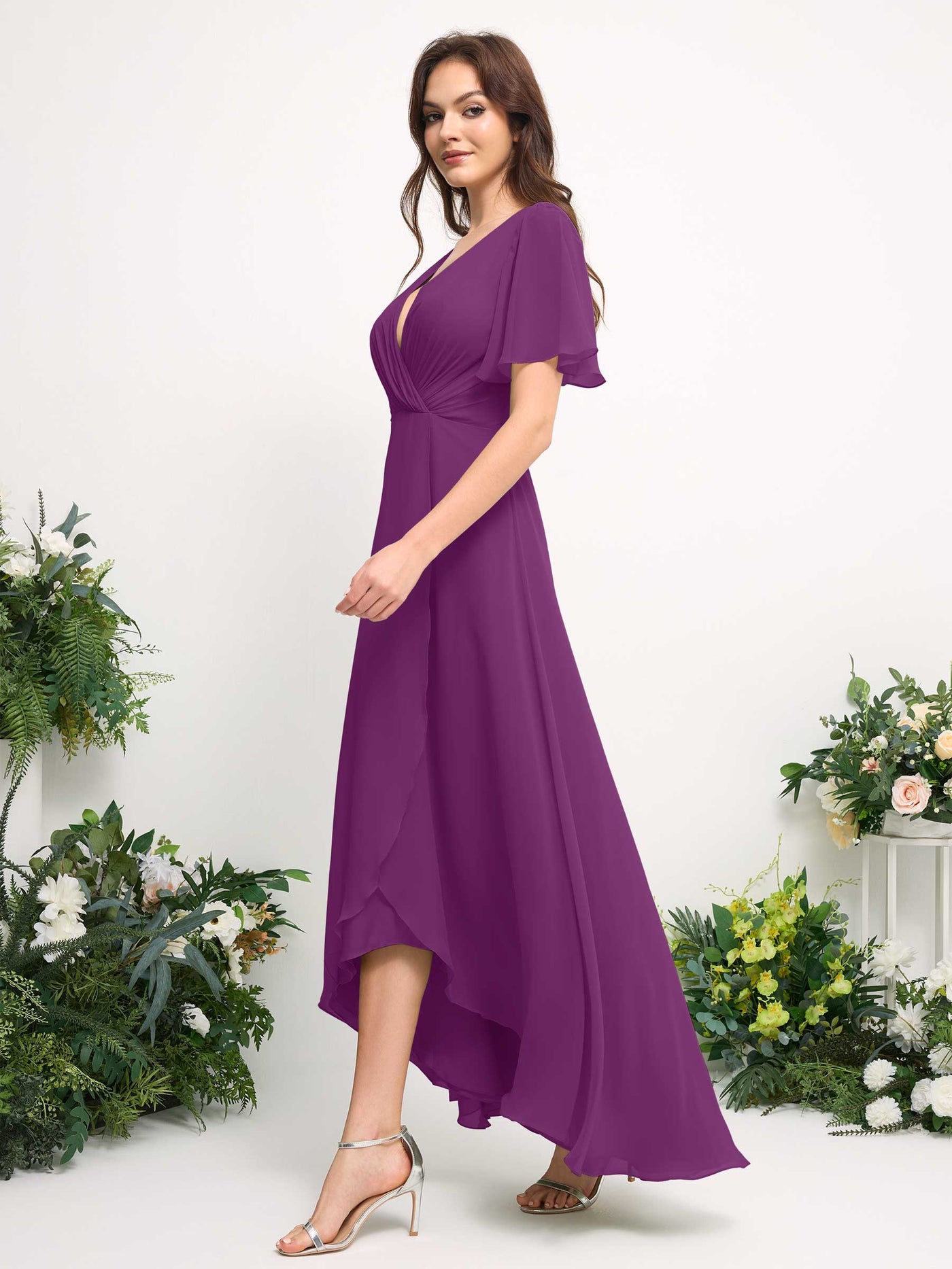 Carlyna Vestido línea A escote en V gasa hasta el suelo dama de honor Púrpura #color_p-rpura