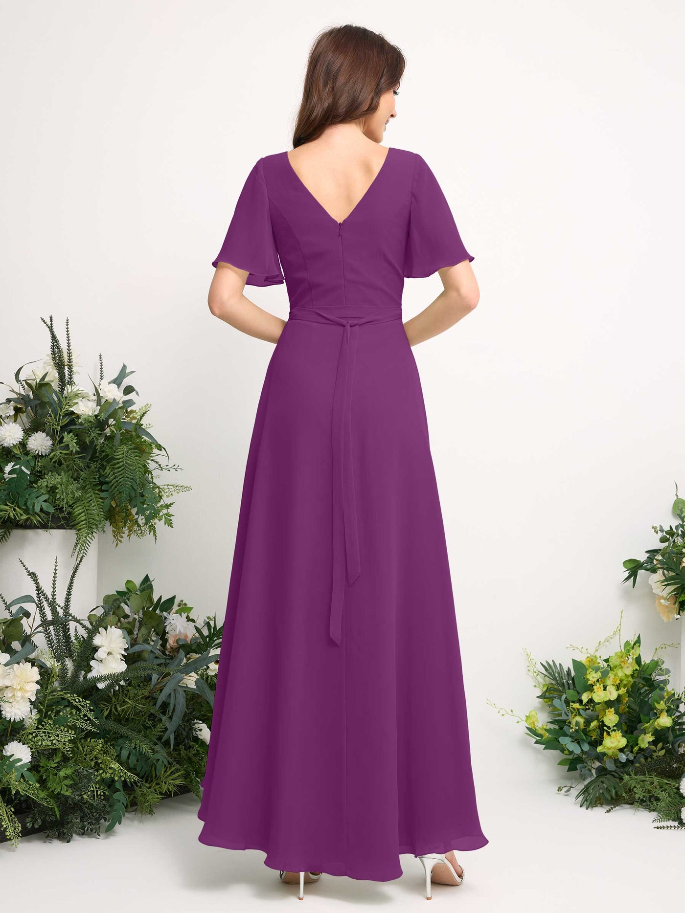 Carlyna Vestido línea A escote en V gasa hasta el suelo dama de honor Púrpura #color_p-rpura