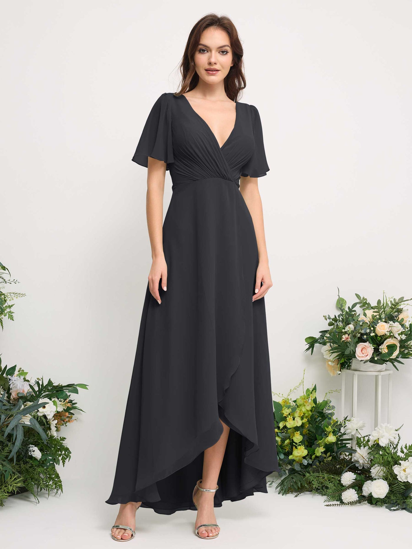 Carlyna Vestido línea A escote en V gasa hasta el suelo dama de honor Peltre #color_peltre