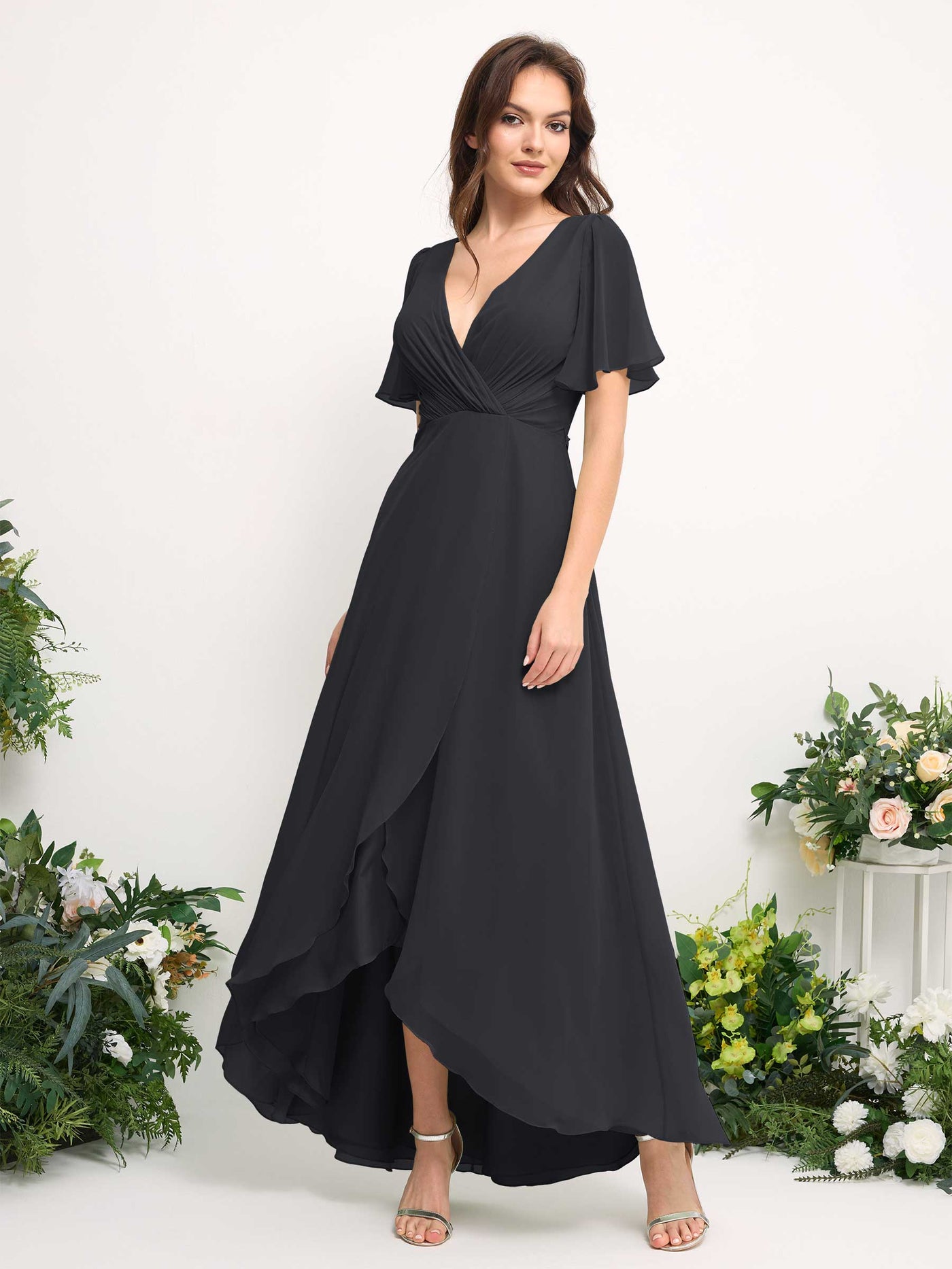 Carlyna Vestido línea A escote en V gasa hasta el suelo dama de honor Peltre #color_peltre