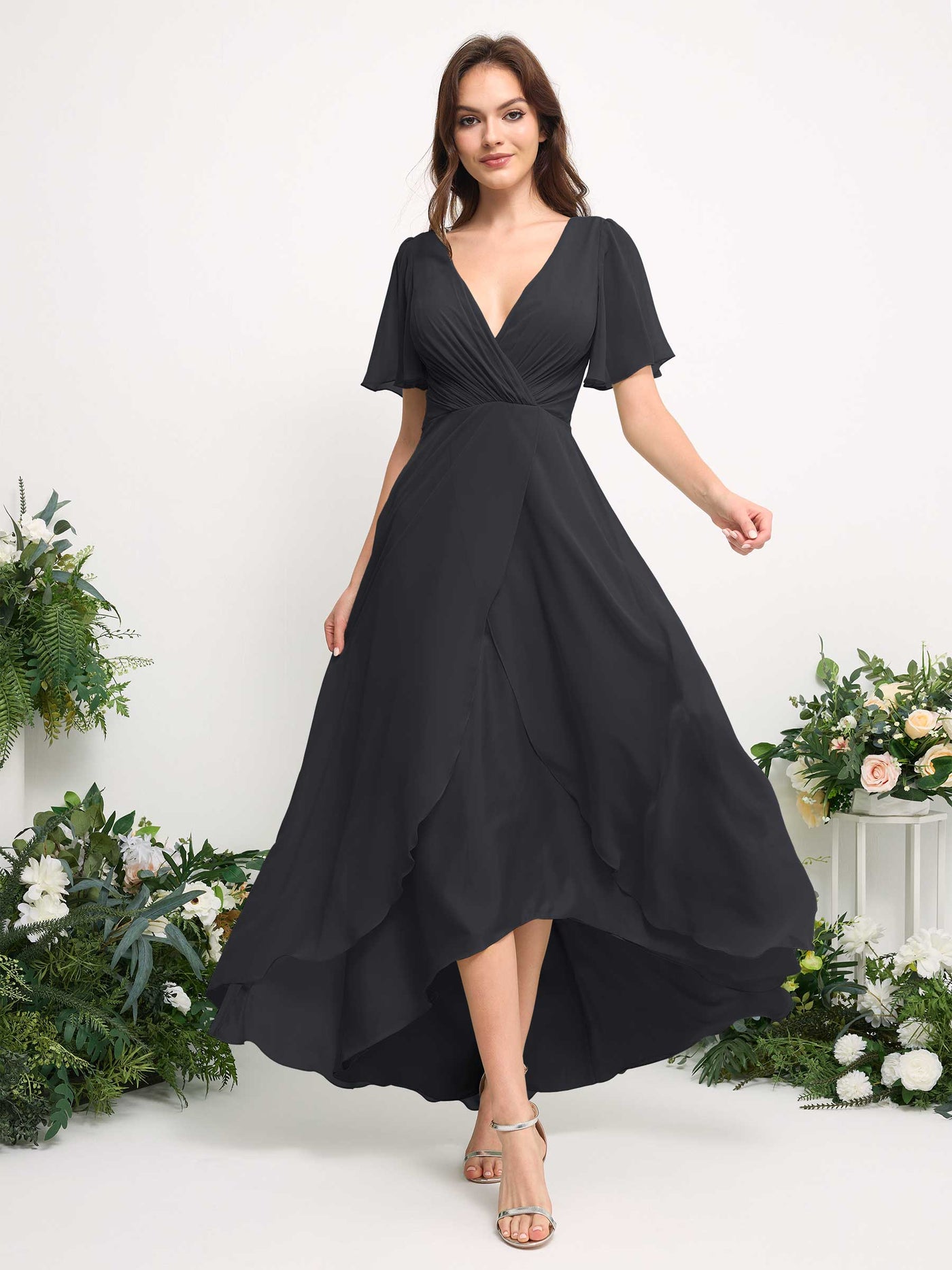Carlyna Vestido línea A escote en V gasa hasta el suelo dama de honor Peltre #color_peltre