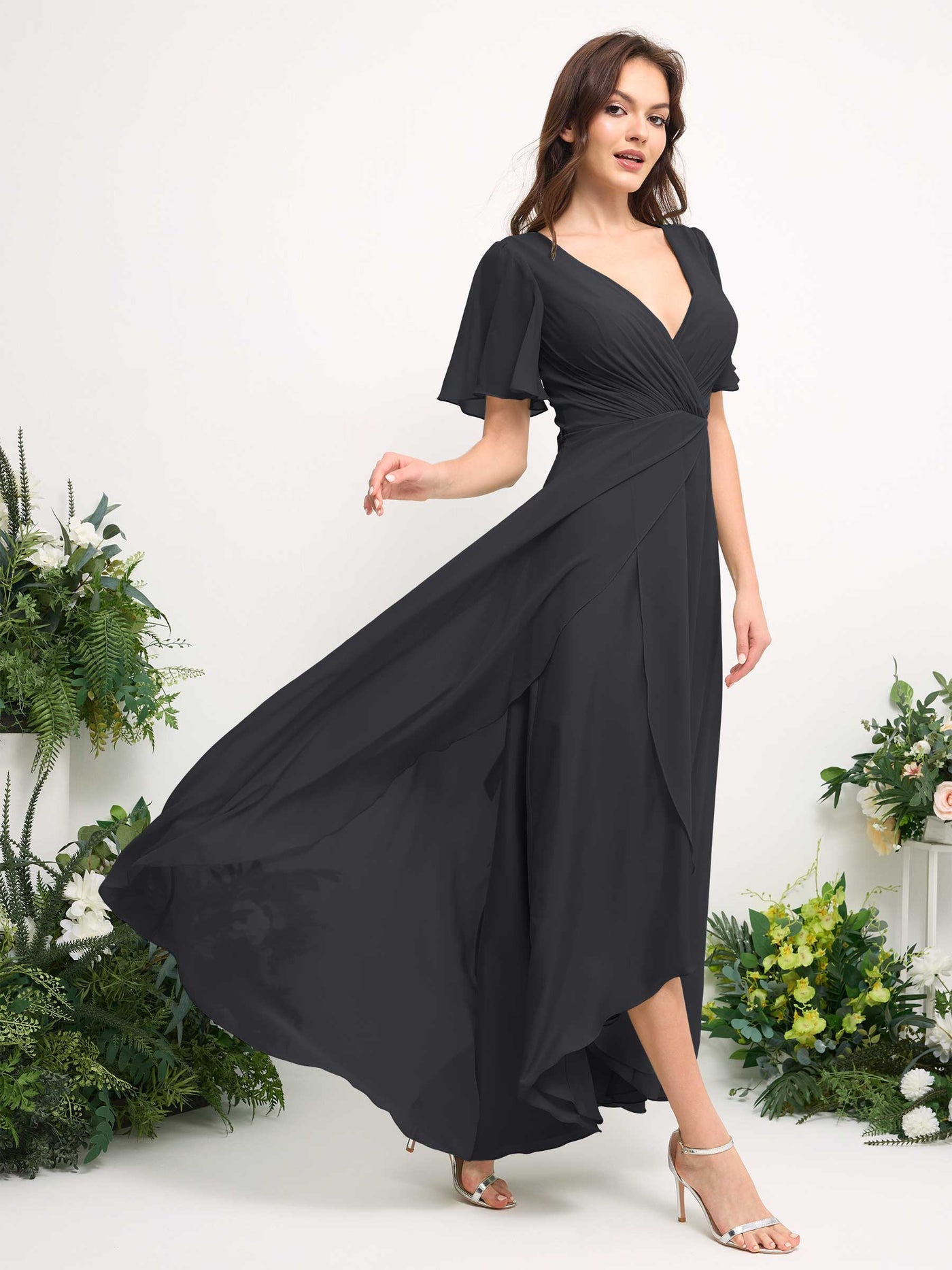 Carlyna Vestido línea A escote en V gasa hasta el suelo dama de honor Peltre #color_peltre