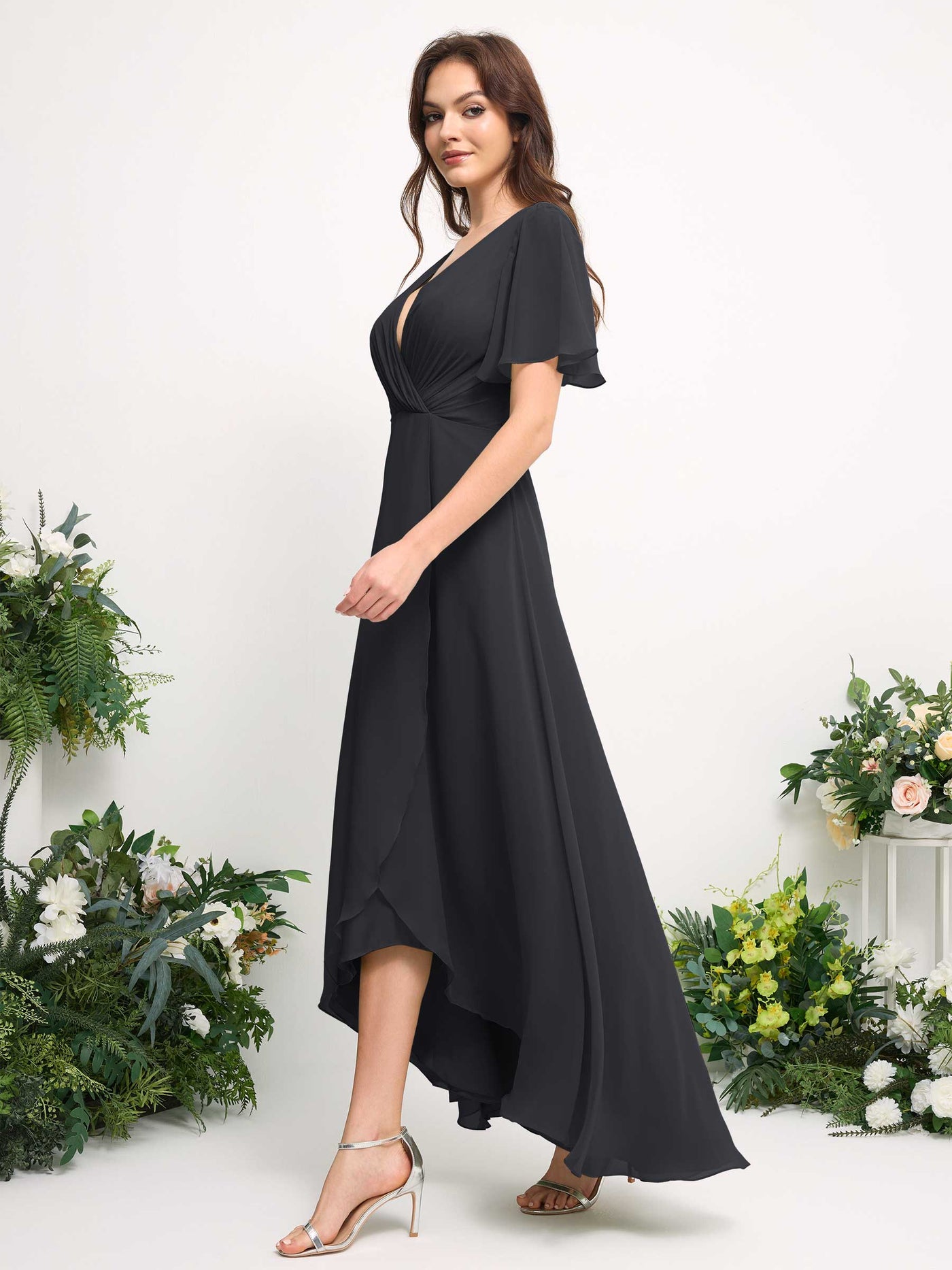 Carlyna Vestido línea A escote en V gasa hasta el suelo dama de honor Peltre #color_peltre