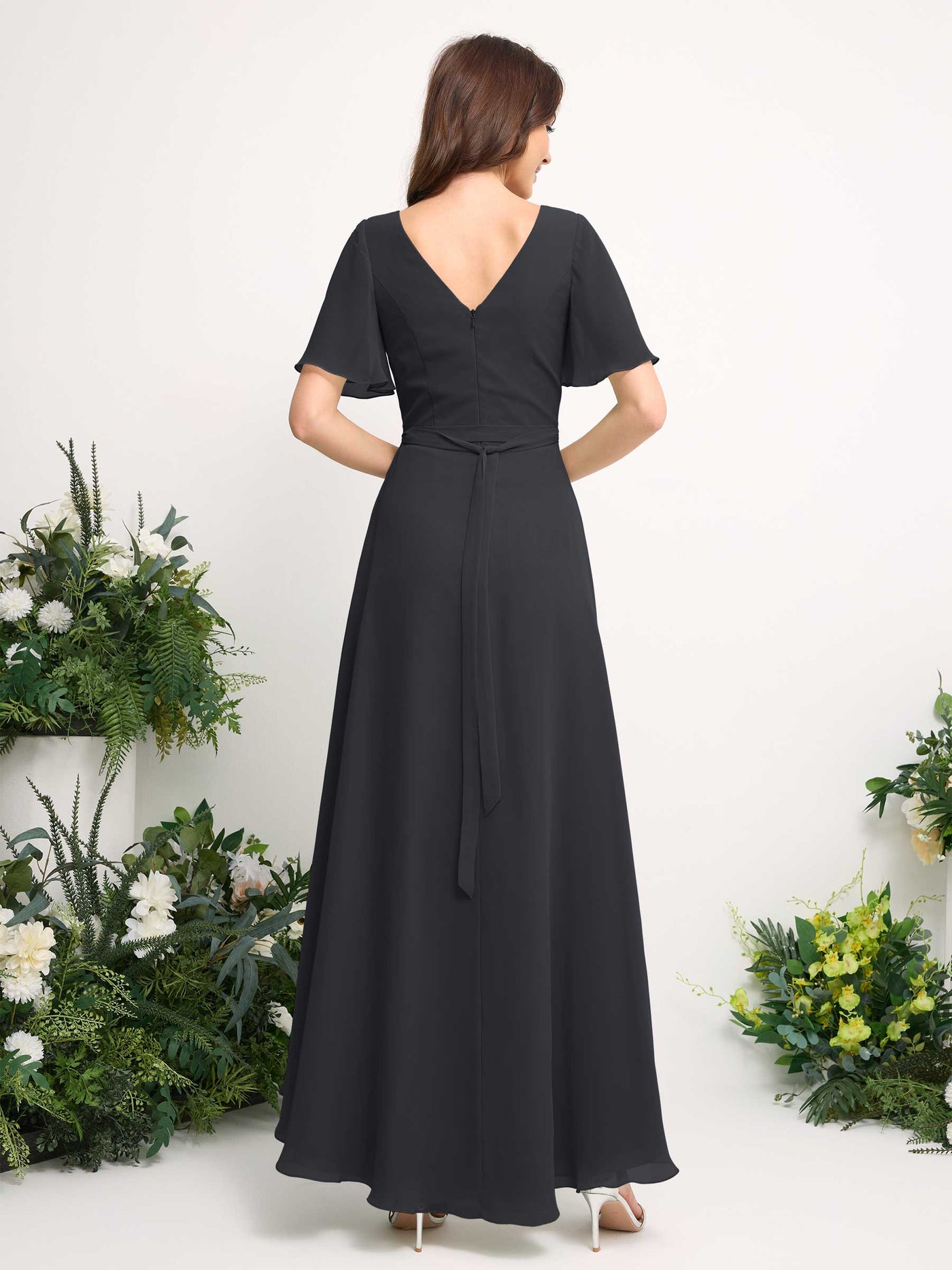 Carlyna Vestido línea A escote en V gasa hasta el suelo dama de honor Peltre #color_peltre