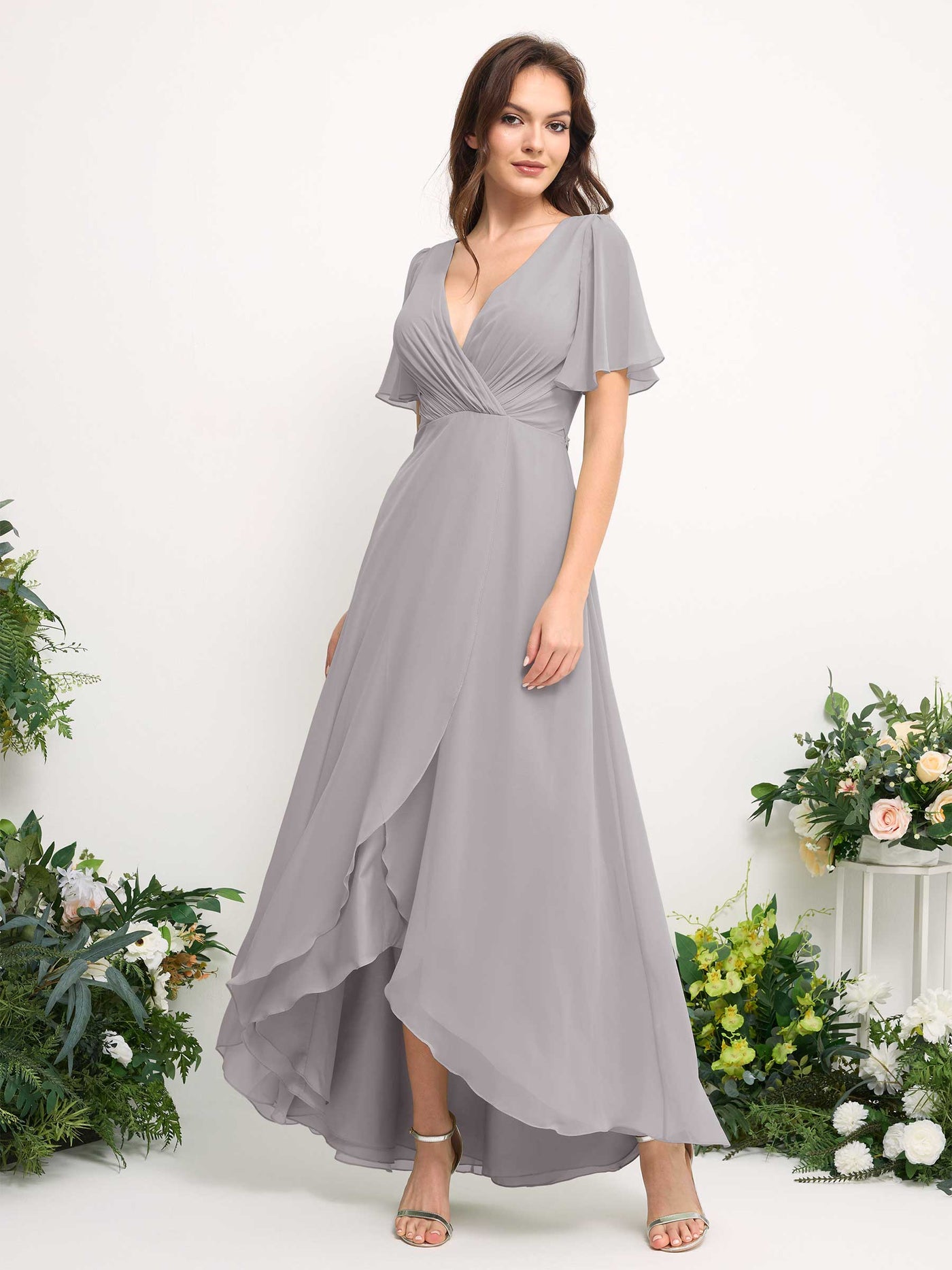 Carlyna Vestido línea A escote en V gasa hasta el suelo dama de honor Plata #color_plata
