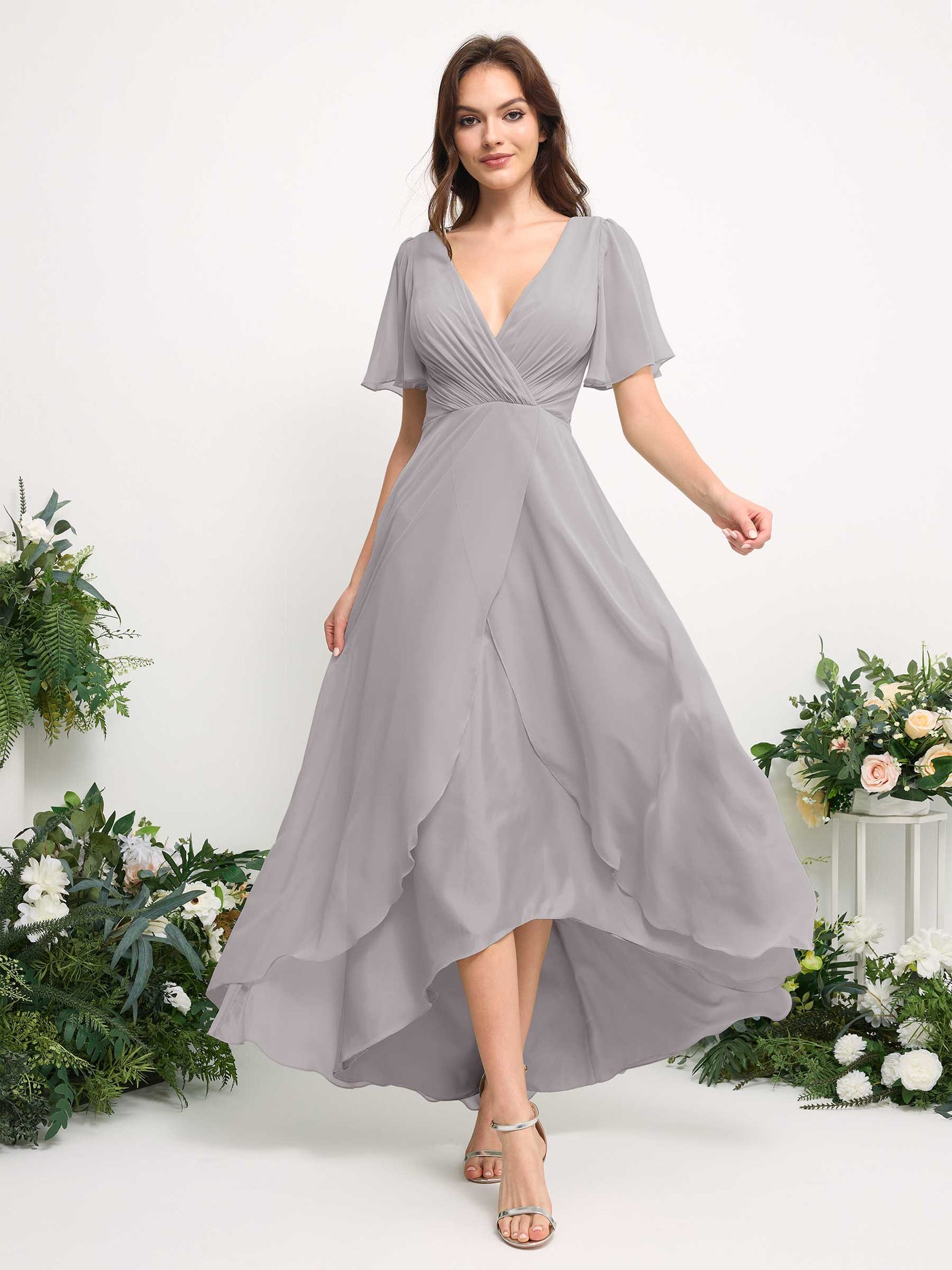 Carlyna Vestido línea A escote en V gasa hasta el suelo dama de honor Plata #color_plata
