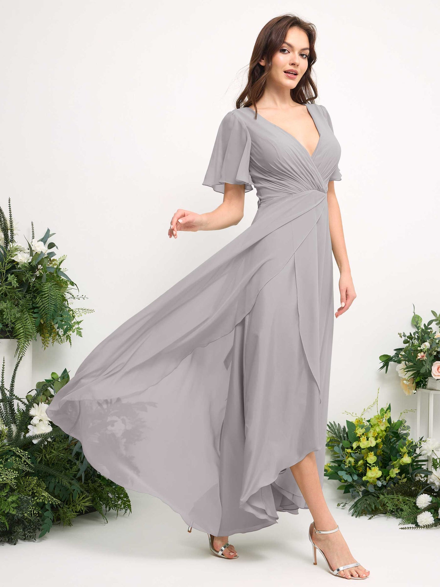 Carlyna Vestido línea A escote en V gasa hasta el suelo dama de honor Plata #color_plata