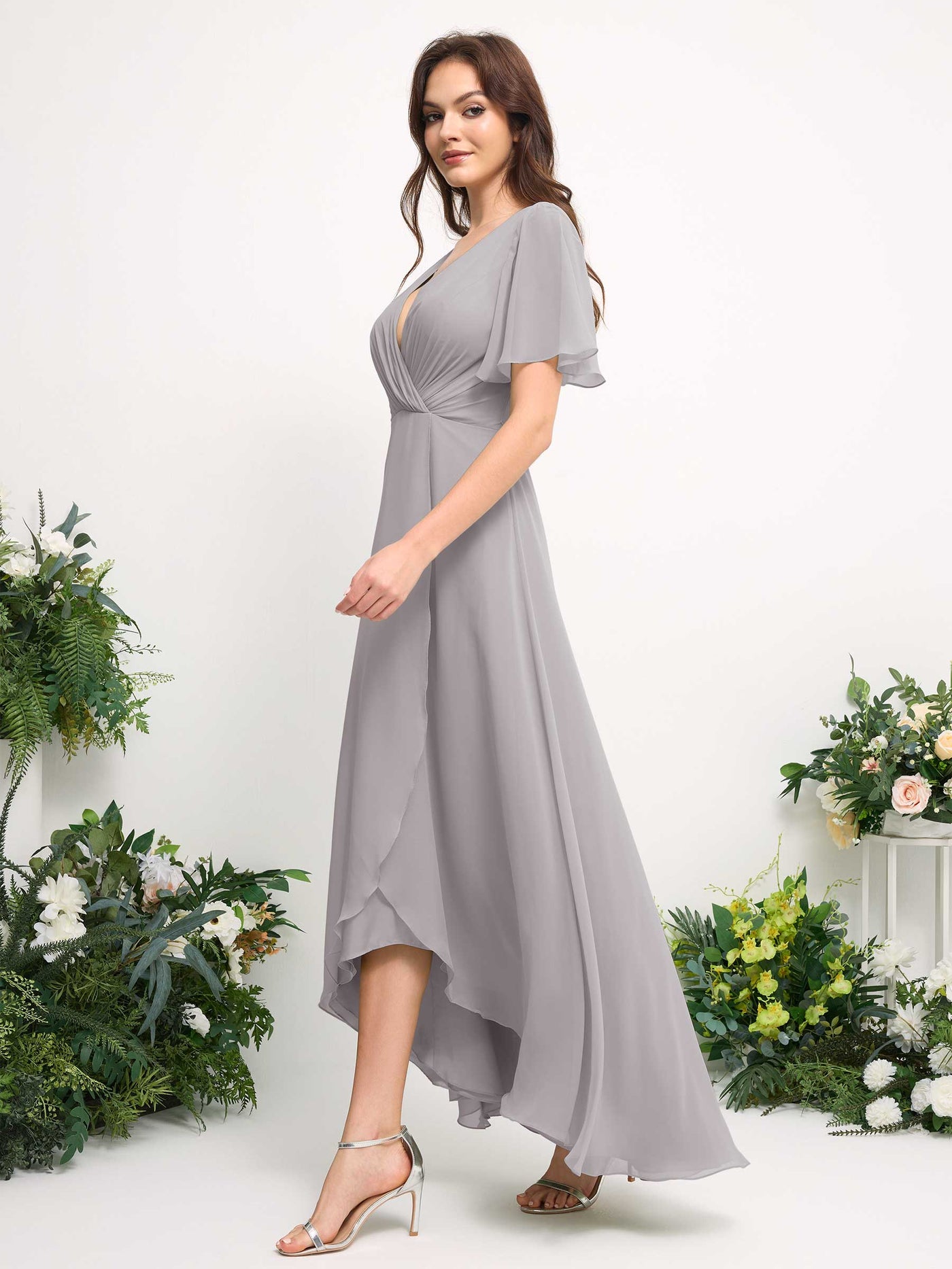 Carlyna Vestido línea A escote en V gasa hasta el suelo dama de honor Plata #color_plata