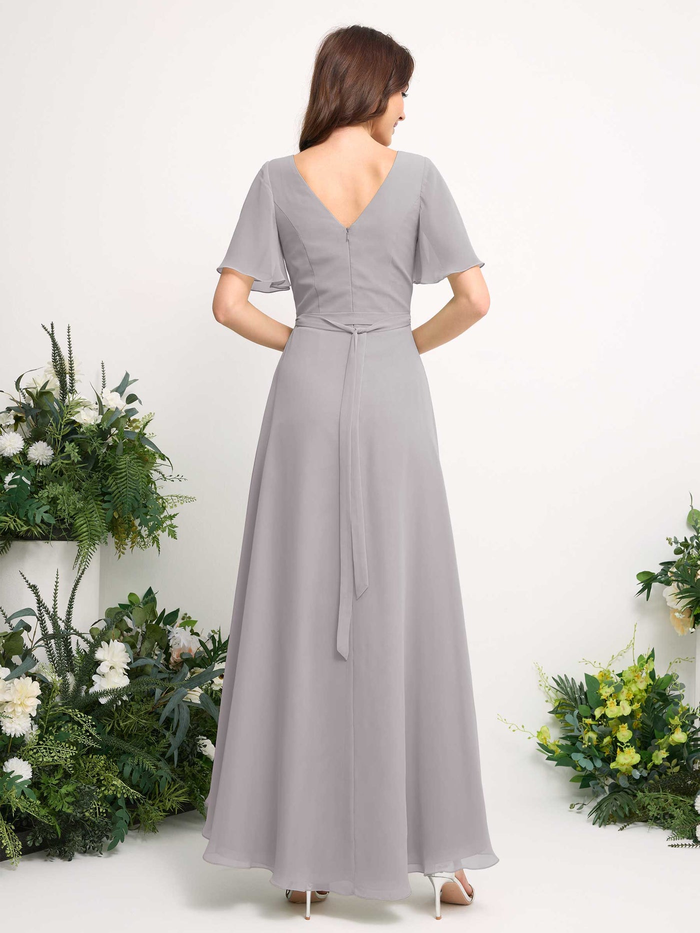 Carlyna Vestido línea A escote en V gasa hasta el suelo dama de honor Plata #color_plata