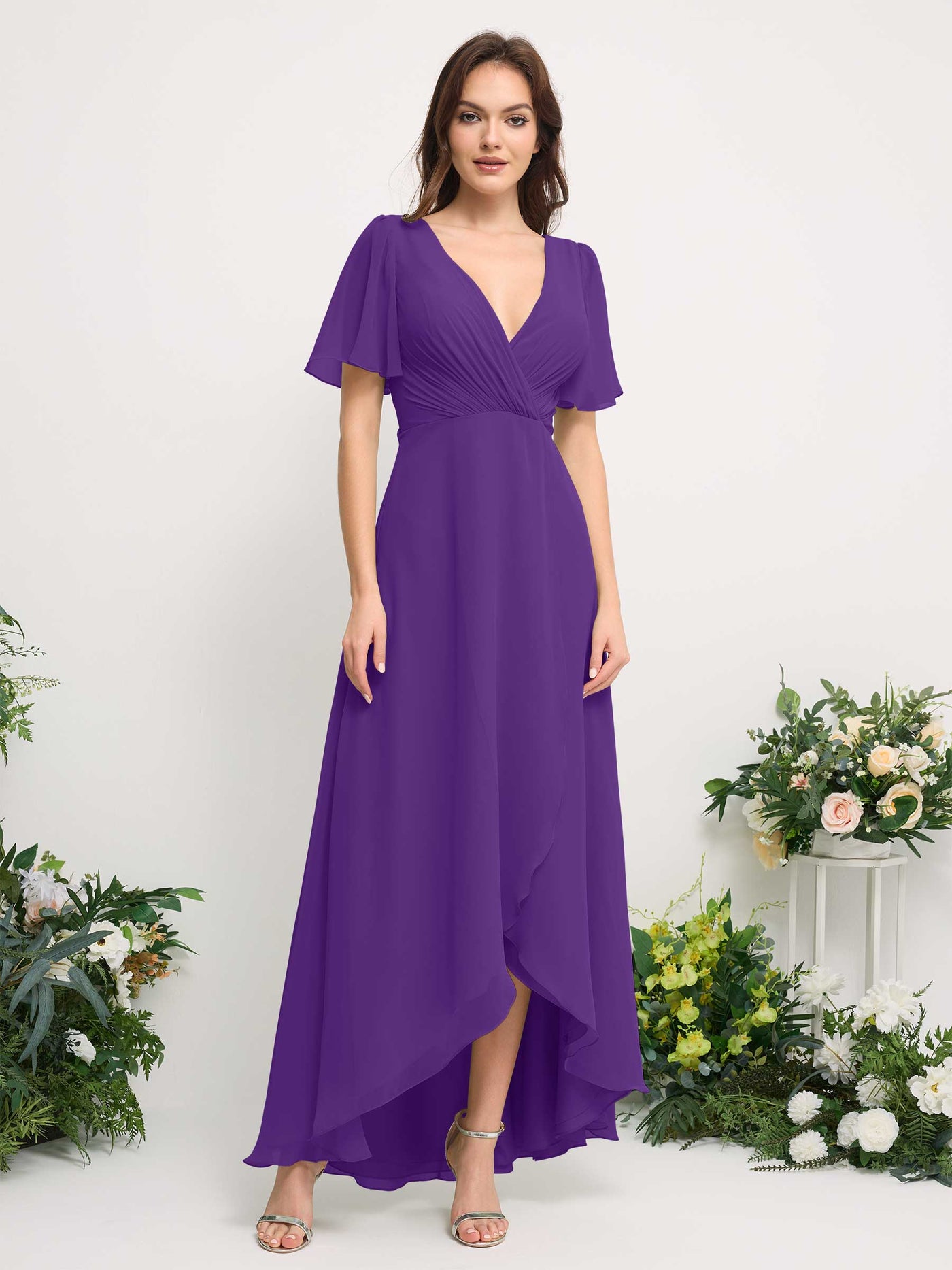 Carlyna Vestido línea A escote en V gasa hasta el suelo dama de honor Regencia #color_regencia