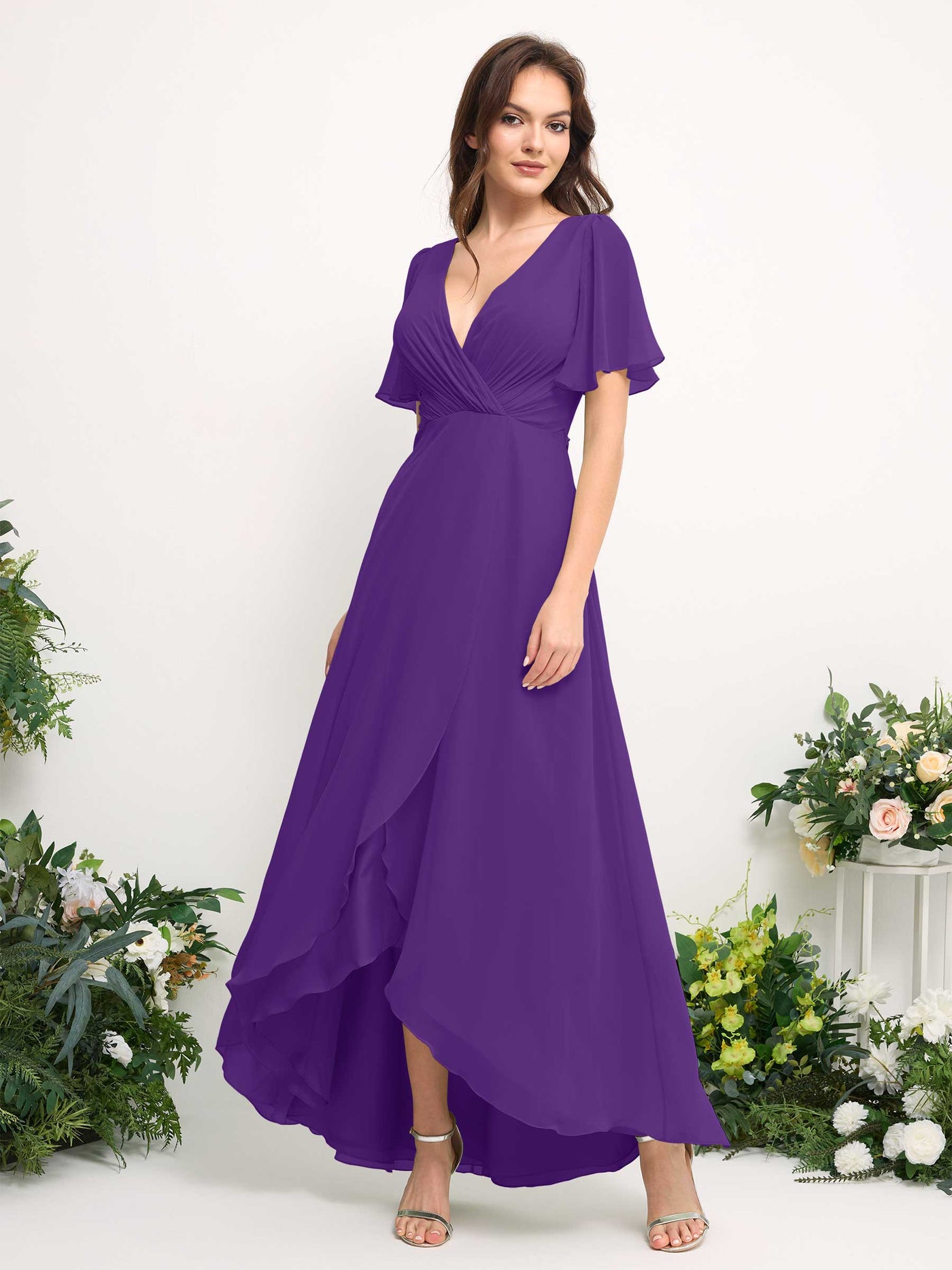 Carlyna Vestido línea A escote en V gasa hasta el suelo dama de honor Regencia #color_regencia