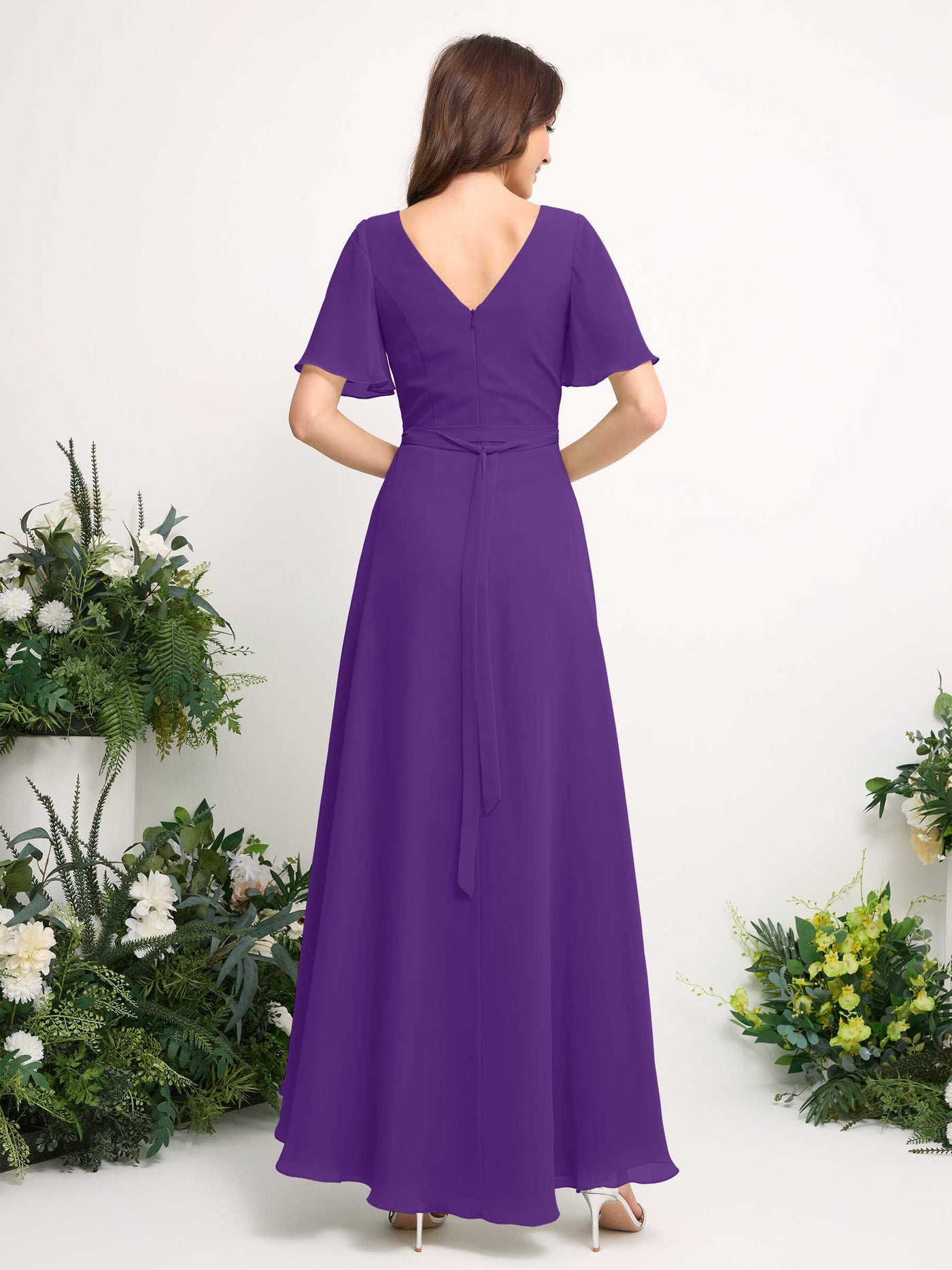 Carlyna Vestido línea A escote en V gasa hasta el suelo dama de honor Regencia #color_regencia