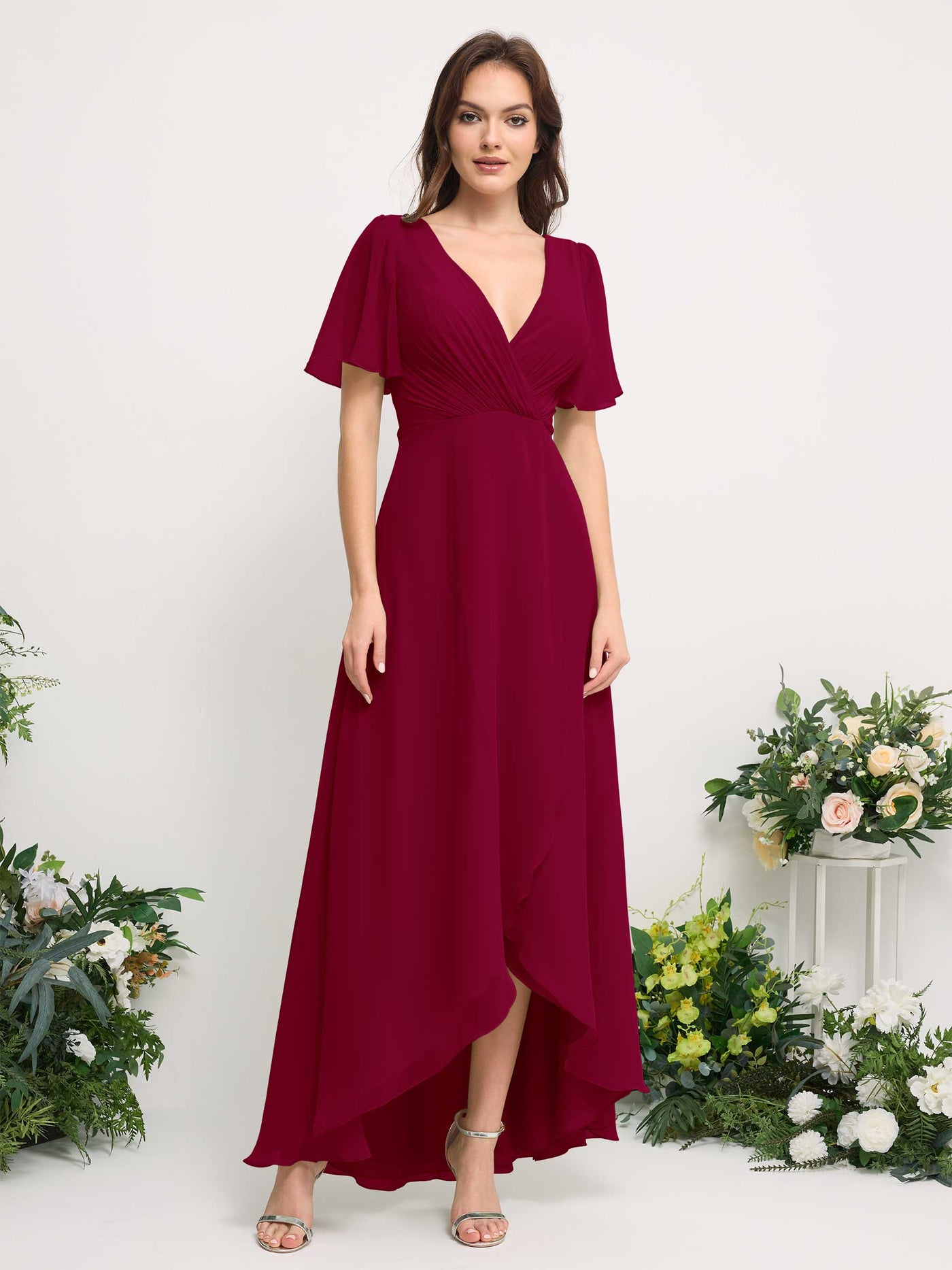 Carlyna Vestido línea A escote en V gasa hasta el suelo dama de honor Rojo Bufón #color_rojo-buf-n