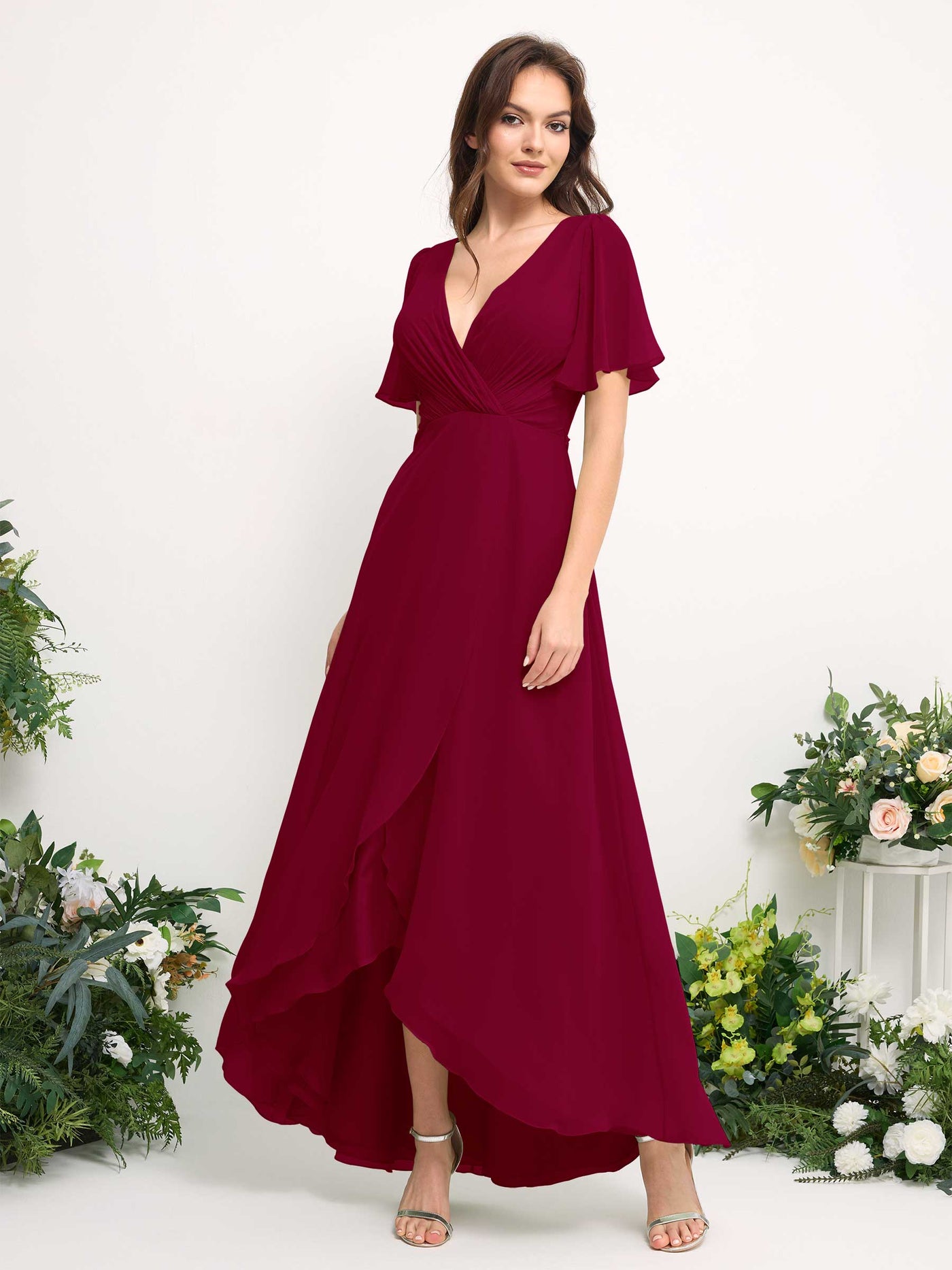 Carlyna Vestido línea A escote en V gasa hasta el suelo dama de honor Rojo Bufón #color_rojo-buf-n
