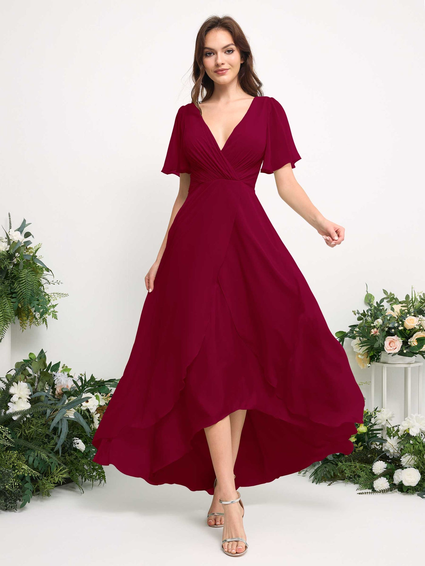 Carlyna Vestido línea A escote en V gasa hasta el suelo dama de honor Rojo Bufón #color_rojo-buf-n