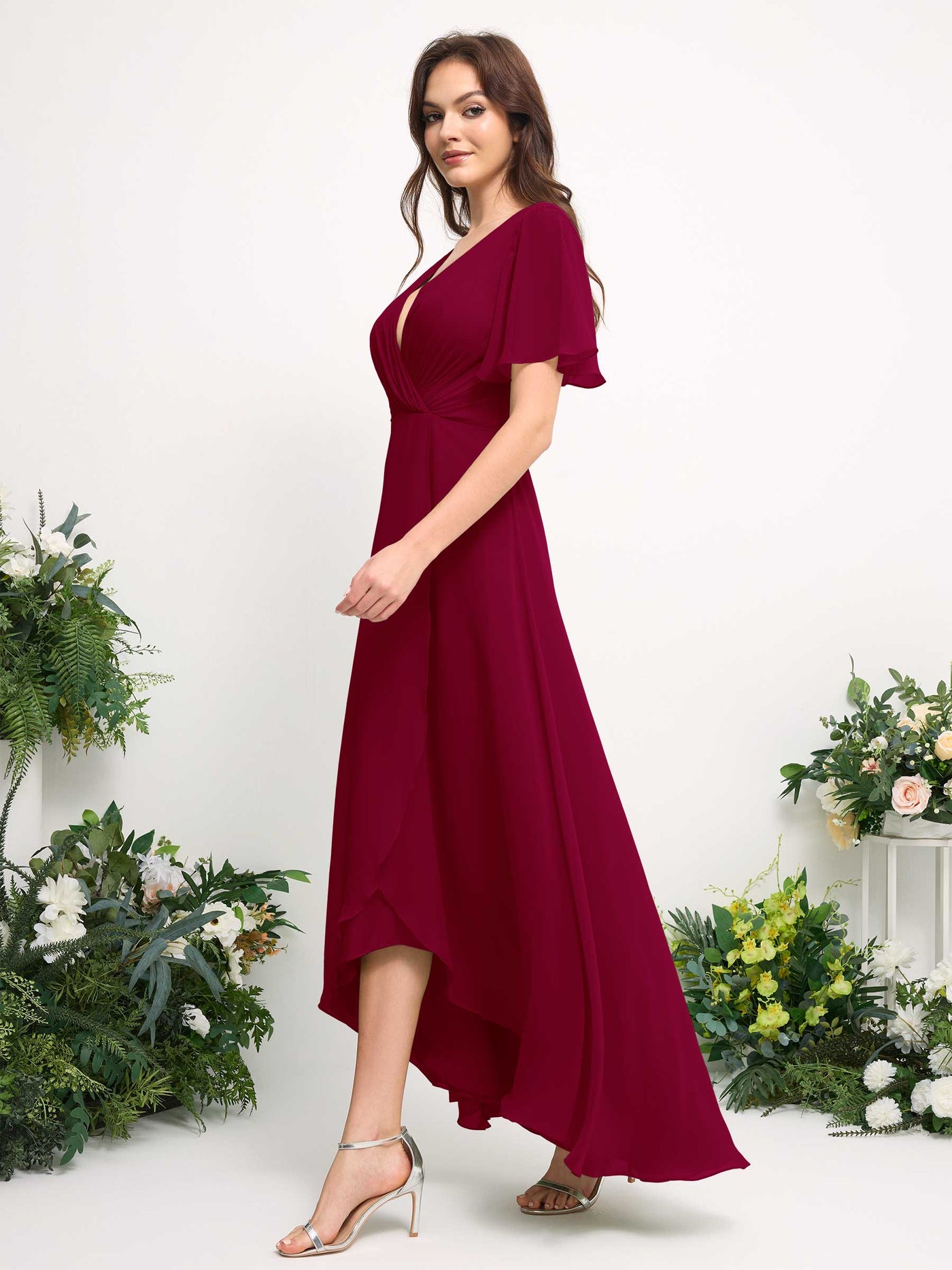 Carlyna Vestido línea A escote en V gasa hasta el suelo dama de honor Rojo Bufón #color_rojo-buf-n