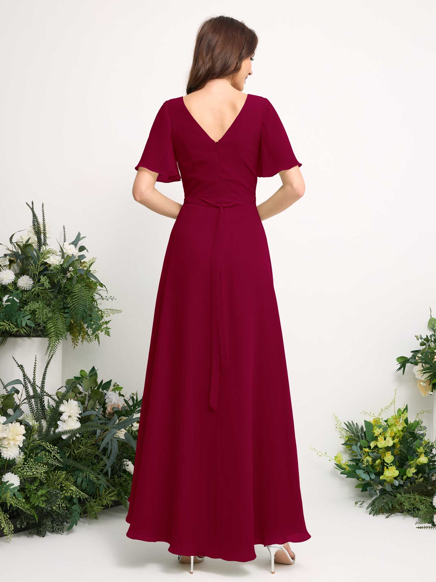 Carlyna Vestido línea A escote en V gasa hasta el suelo dama de honor Rojo Bufón #color_rojo-buf-n