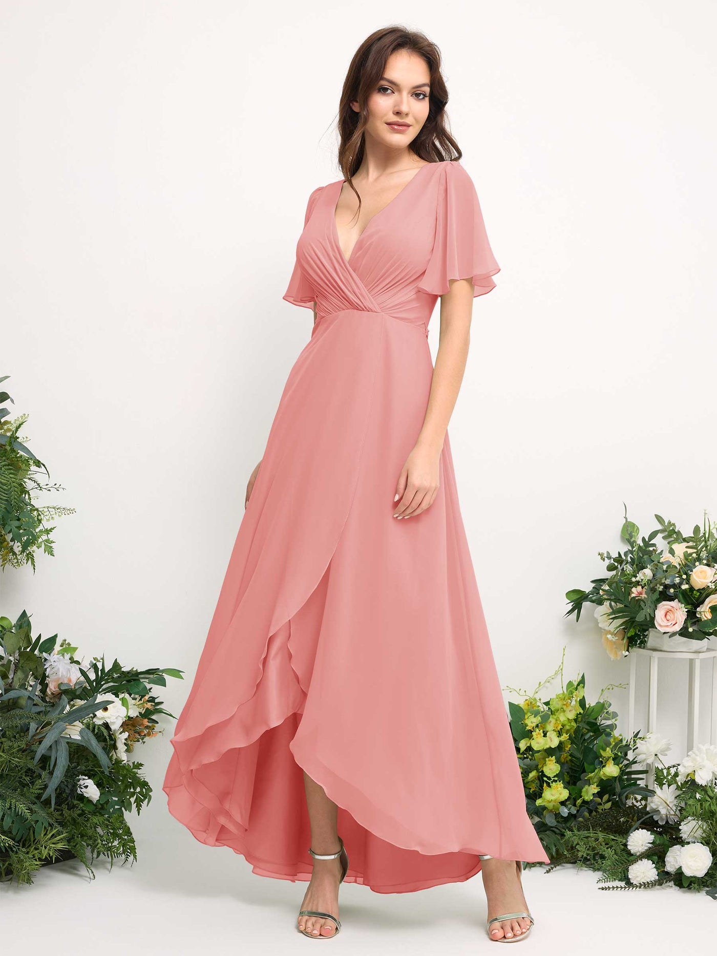 Carlyna Vestido línea A escote en V gasa hasta el suelo dama de honor Rosa Ballet #color_rosa-ballet