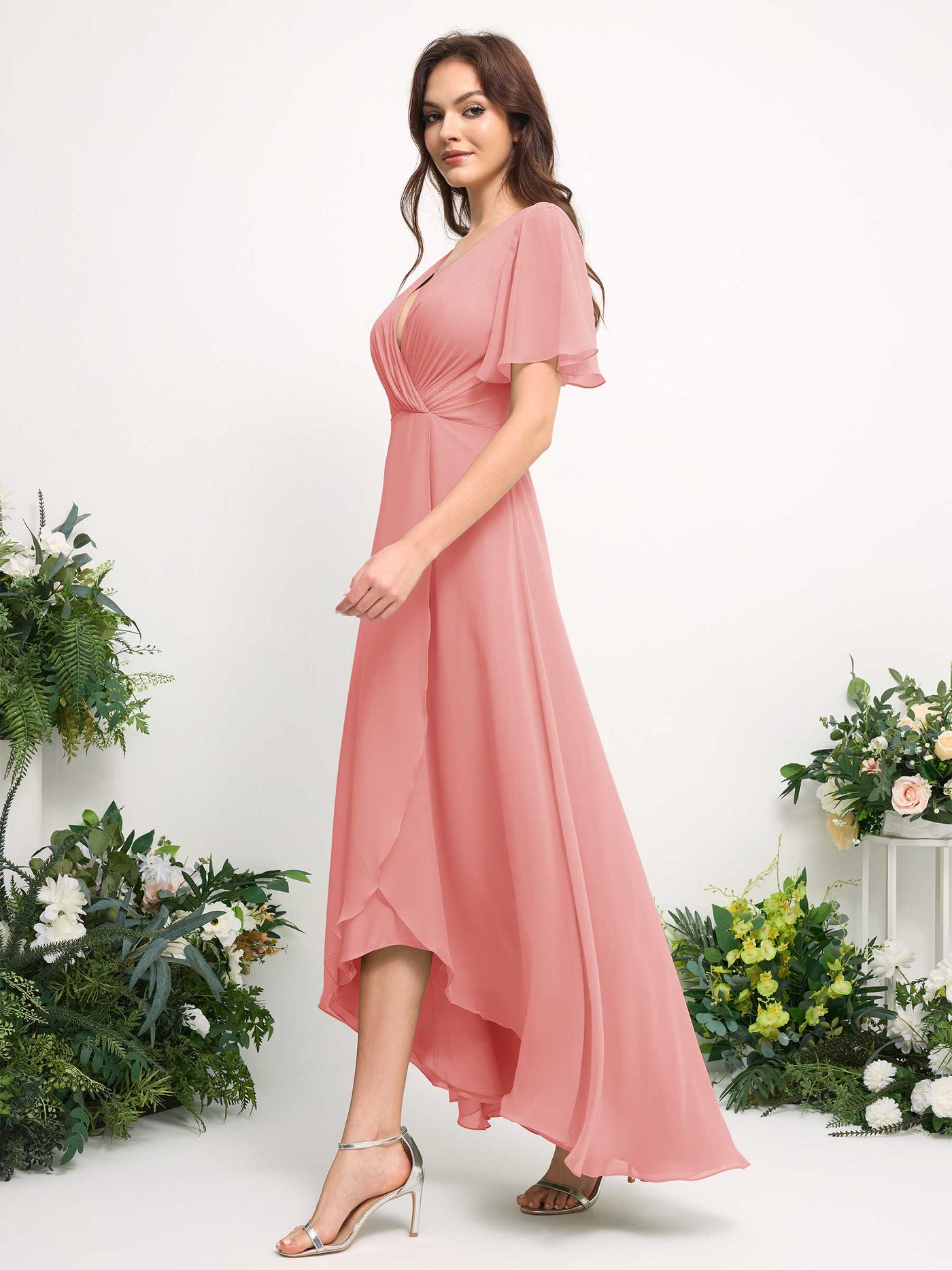 Carlyna Vestido línea A escote en V gasa hasta el suelo dama de honor Rosa Ballet #color_rosa-ballet