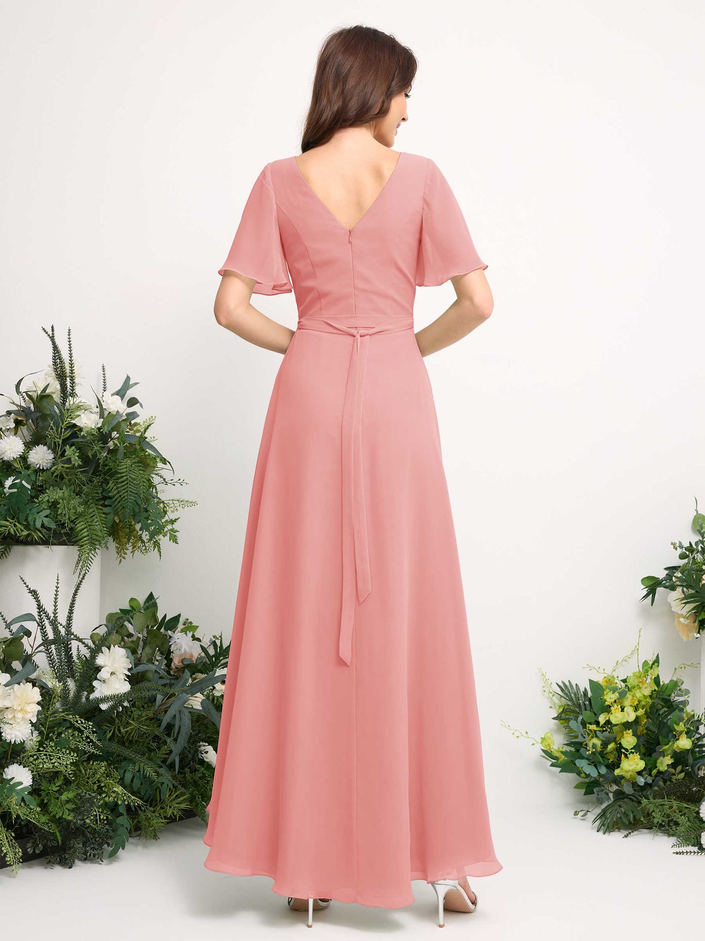 Carlyna Vestido línea A escote en V gasa hasta el suelo dama de honor Rosa Ballet #color_rosa-ballet