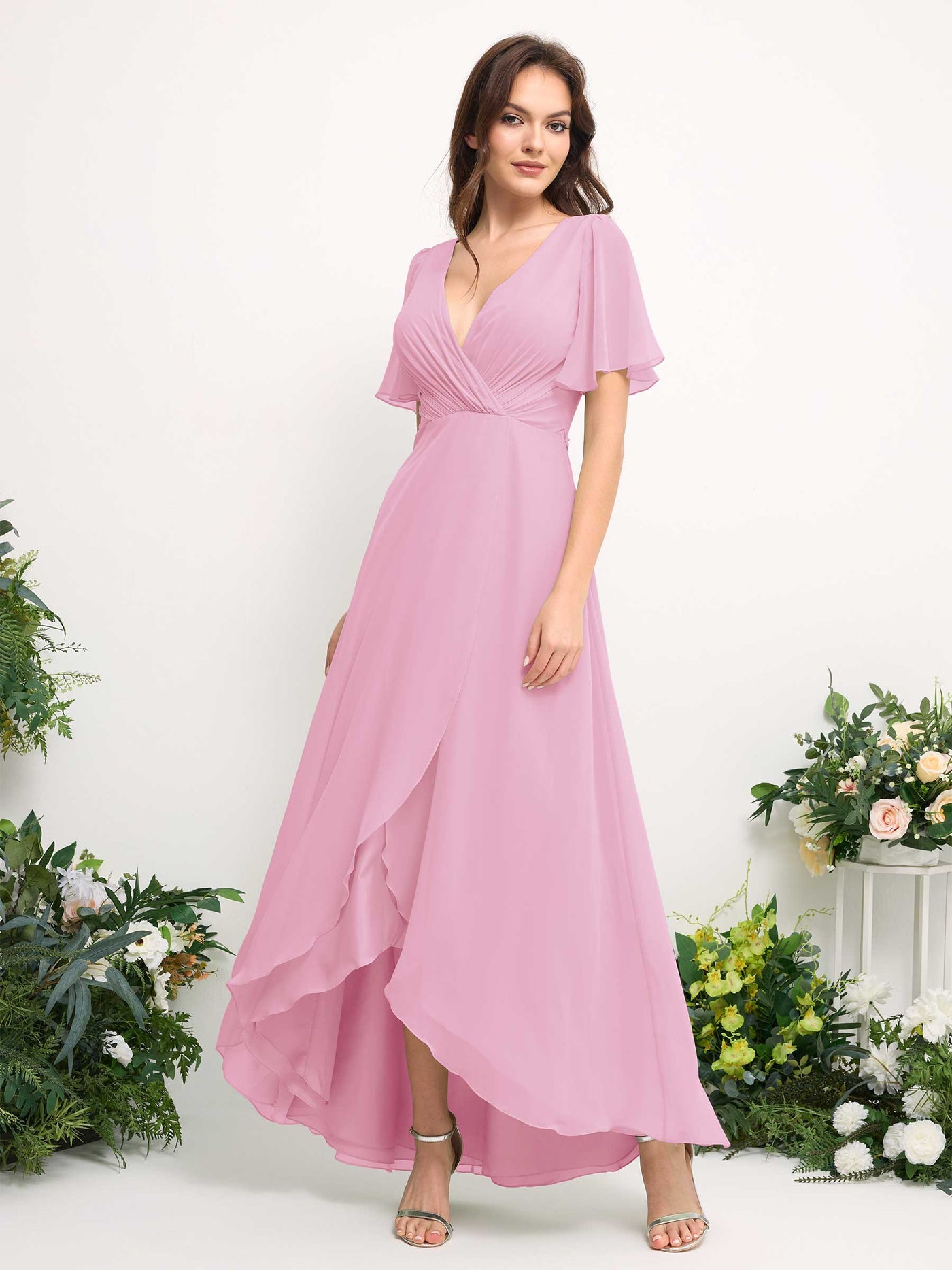 Carlyna Vestido línea A escote en V gasa hasta el suelo dama de honor Rosa Caramelo #color_rosa-caramelo