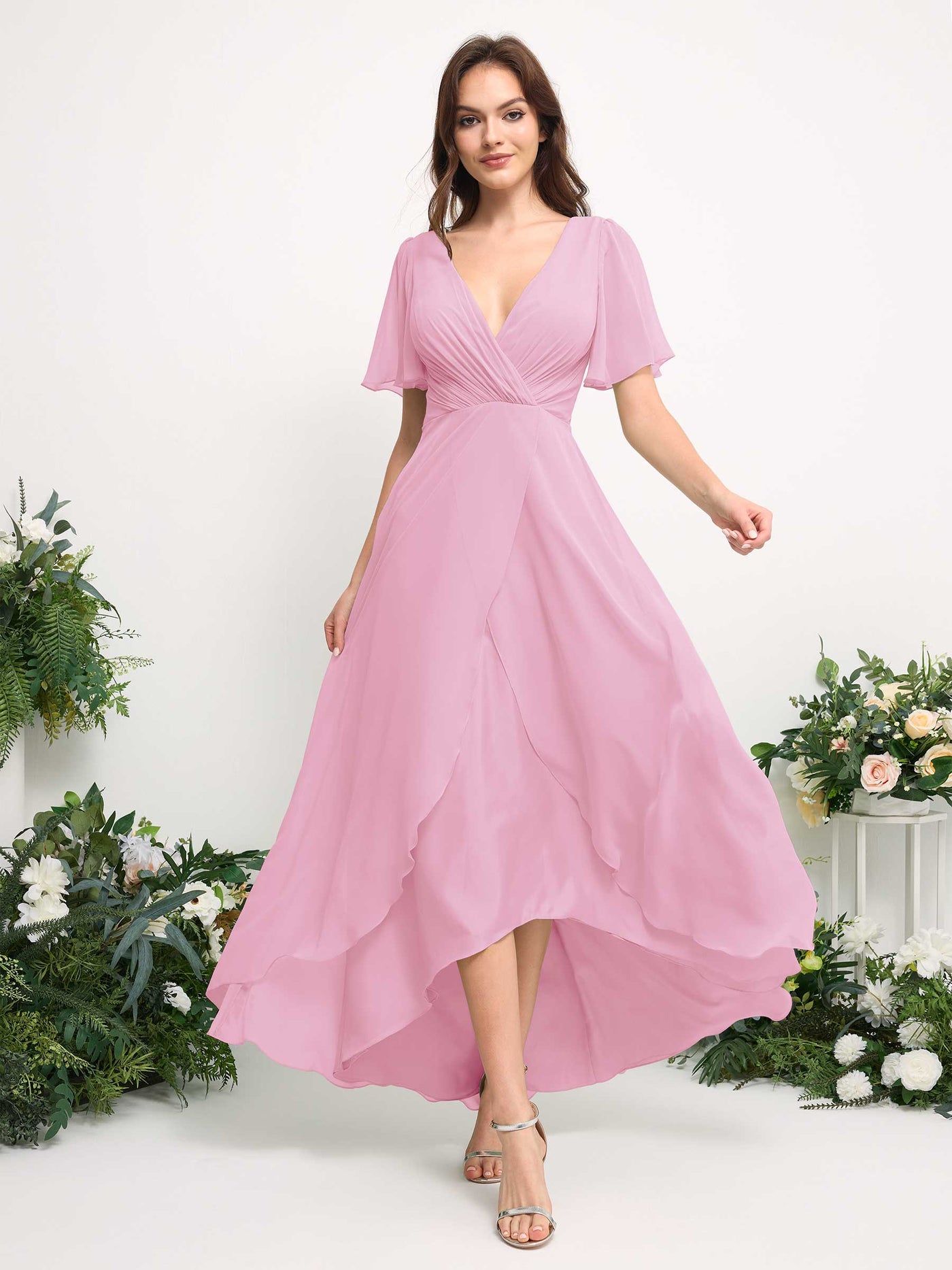 Carlyna Vestido línea A escote en V gasa hasta el suelo dama de honor Rosa Caramelo #color_rosa-caramelo