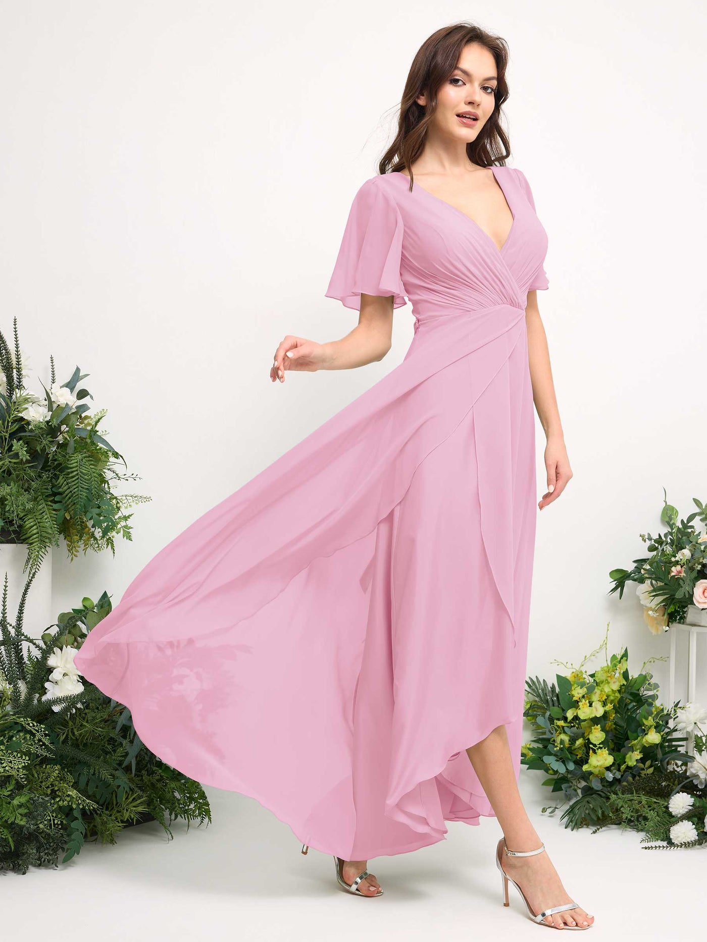 Carlyna Vestido línea A escote en V gasa hasta el suelo dama de honor Rosa Caramelo #color_rosa-caramelo